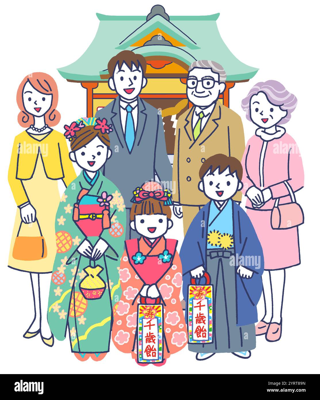 Eine Familie der drei Generationen feiert Shichigosan in einem Schrein Stockfoto