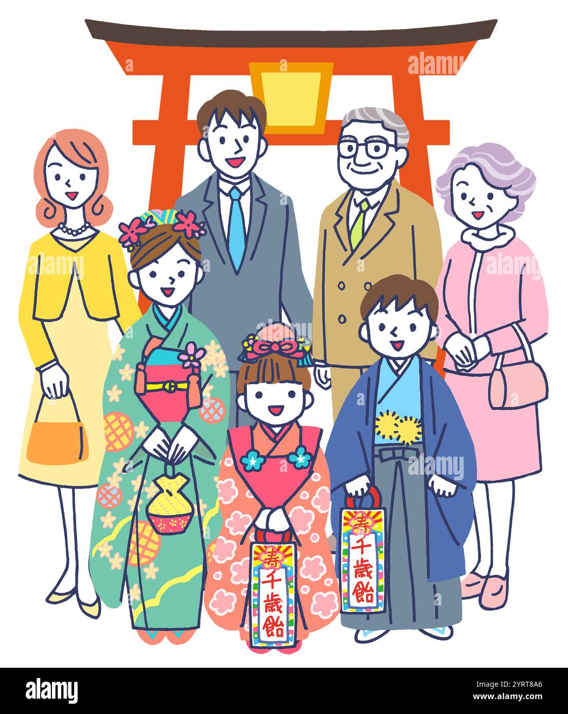 Eine Familie der drei Generationen feiert Shichigosan in einem Schrein Stockfoto