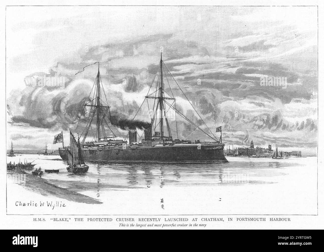 Charles William Wyllie – HMS Blake the Protected Cruiser startete kürzlich in Chatham in Portsmouth Harbo (MeisterDrucke-194819). Stockfoto