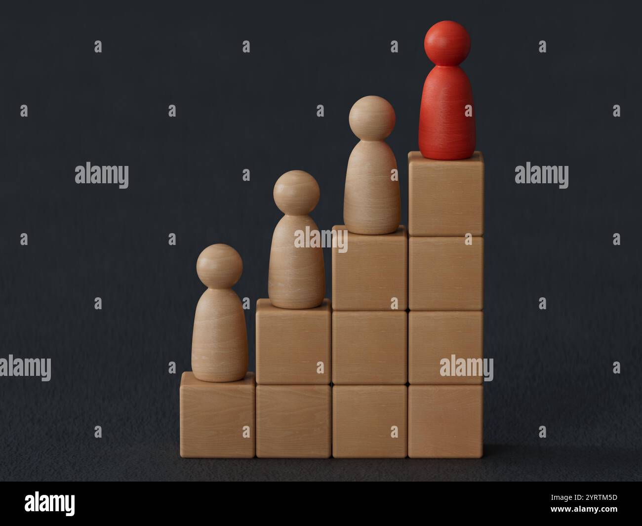 Rote hölzerne Mann-Puppe auf der Leiter auf schwarzem Hintergrund. Treppen klettern Erfolg Unternehmensführung Karrierechancen Leistungsfortschritt Stockfoto