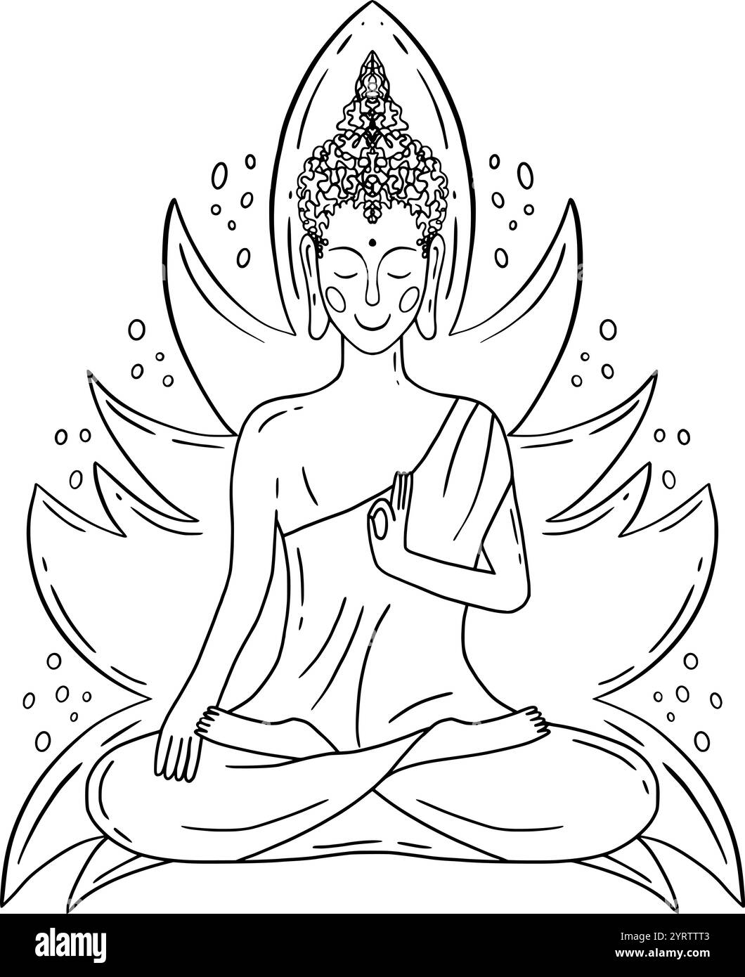 Eine beruhigende Strichkunst-Illustration von Buddha, der mit einer Lotuskulisse meditiert und inneren Frieden und Spiritualität symbolisiert. Handgezeichnete Vektor-Schwarzweiß-Grafiken in Strichgrafik für gedruckte Materialien, Innenräume und vieles mehr. Stock Vektor