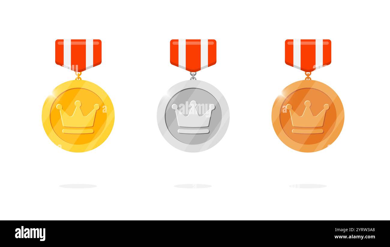 Hängendes Medaillenabzeichen mit Kronensymbol und rotem Streifenband für den Gaming Achievement Award. Gold-, Silber-, Bronze-Rangmedaillon im königlichen Thema. Leader-Bonus und das Symbol für den Gewinner Stock Vektor