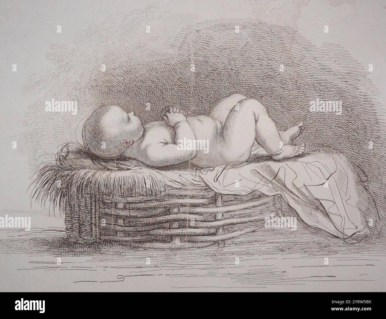 Christkind in einem Korb, nach Giovanni Francesco Barbieri (Guercino) Stockfoto