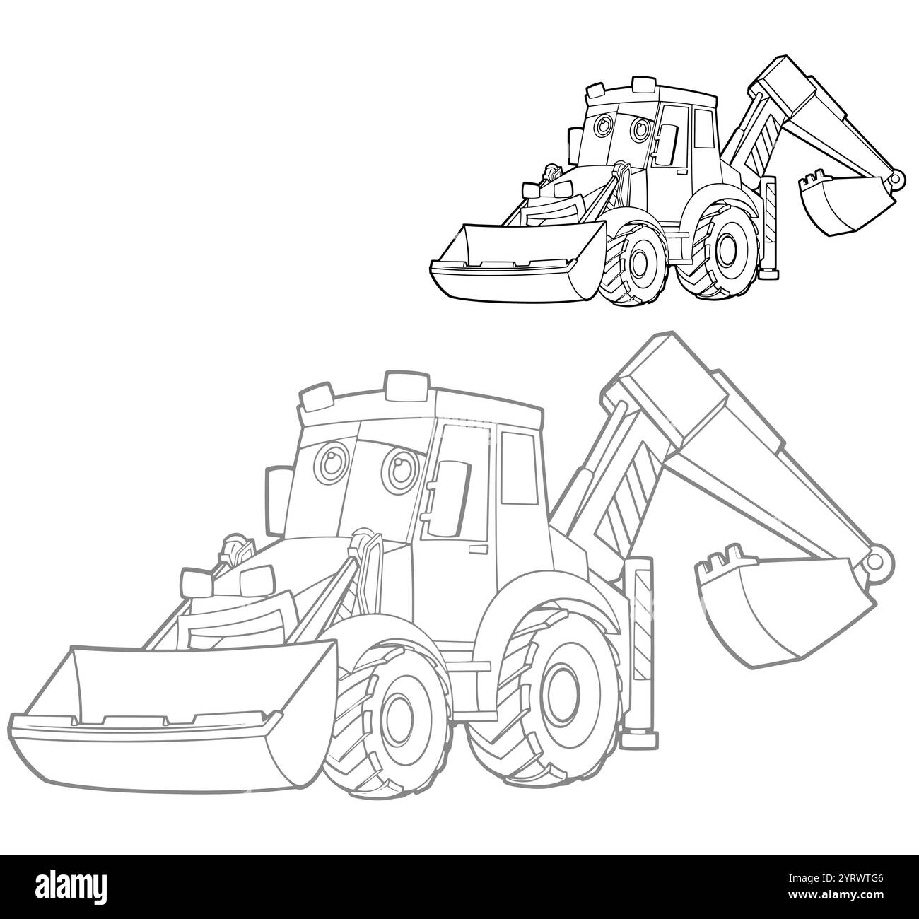 Ausmalseite Offroad-Traktor Bagger Auto Fahrzeug Ausmalseite Skizze Skizzenbuch Zeichnung isolierte Illustration für Kinder Stockfoto