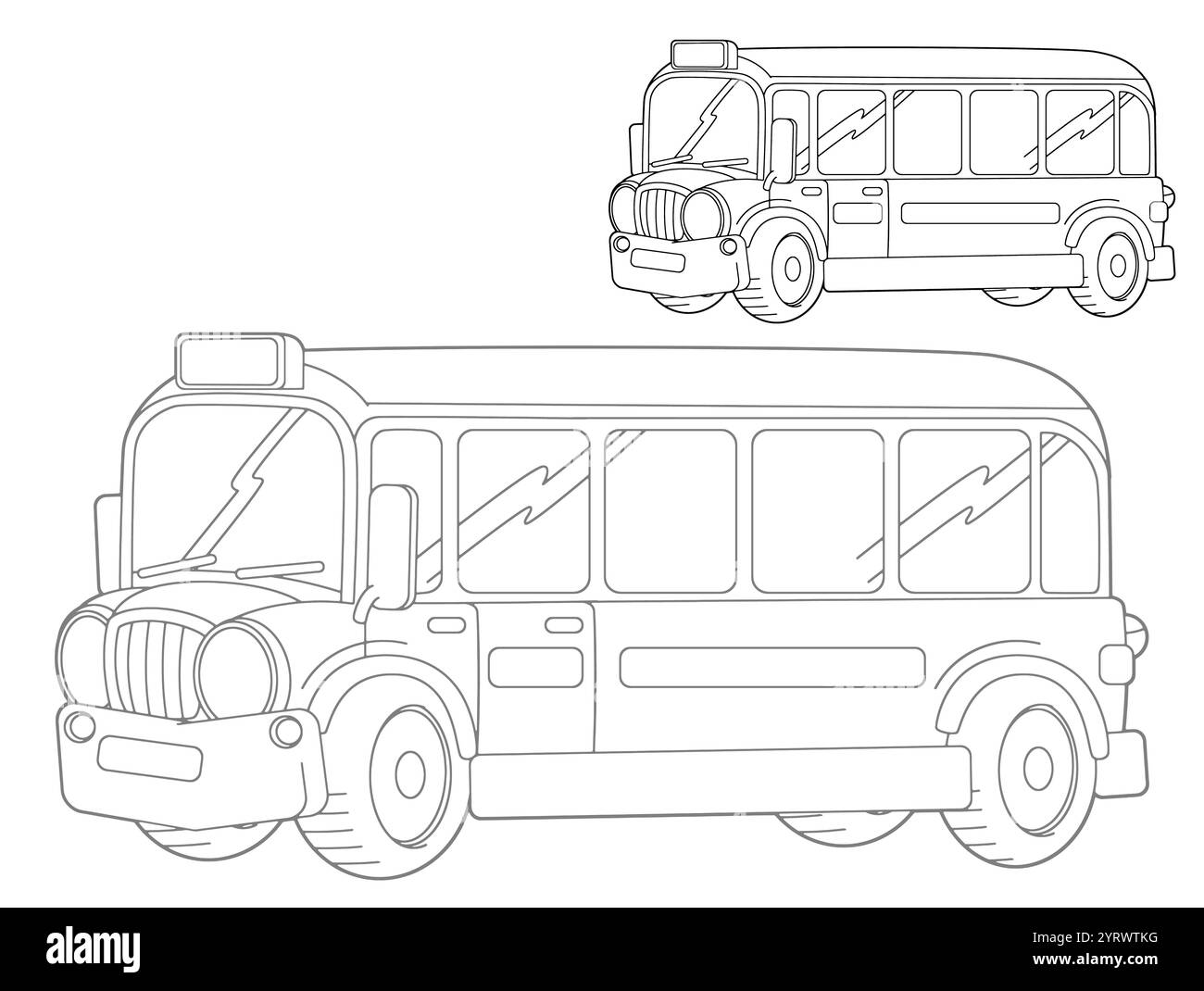 Zeichentrickfilm lustige Zeichentrickbus Malseite auf weißem Hintergrund Skizzenbuch Illustration für Kinder Stockfoto