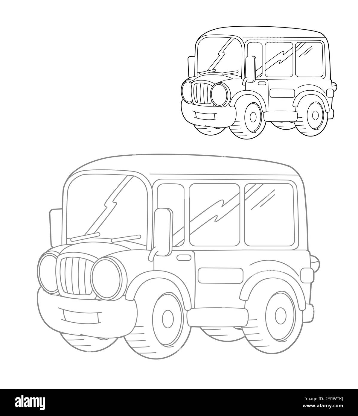 Zeichentrickfilm lustige Zeichentrickbus Malseite auf weißem Hintergrund Skizzenbuch Illustration für Kinder Stockfoto