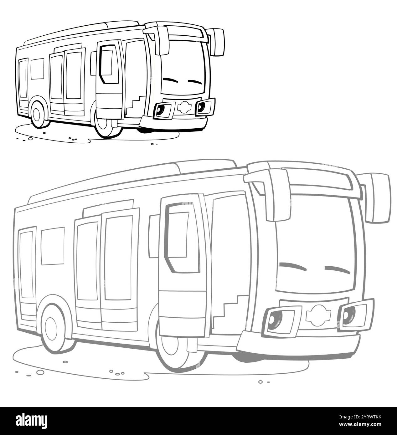 Zeichentrickfilm lustige Zeichentrickbus Malseite auf weißem Hintergrund Skizzenbuch Illustration für Kinder Stockfoto