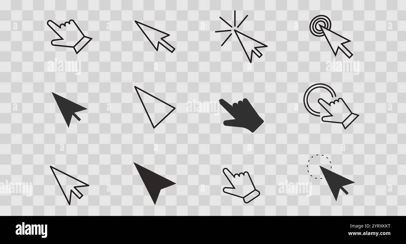 Klicken Sie mit der Maus auf Cursor, Symbol für Zeigereinstellung und Schaltfläche für die Linienauswahl. Klicken Sie hier, und drücken Sie ui-Anzeige. UX-ui-Designelement. Wischen-Geste, Navigation. Vektorabbildung Stock Vektor