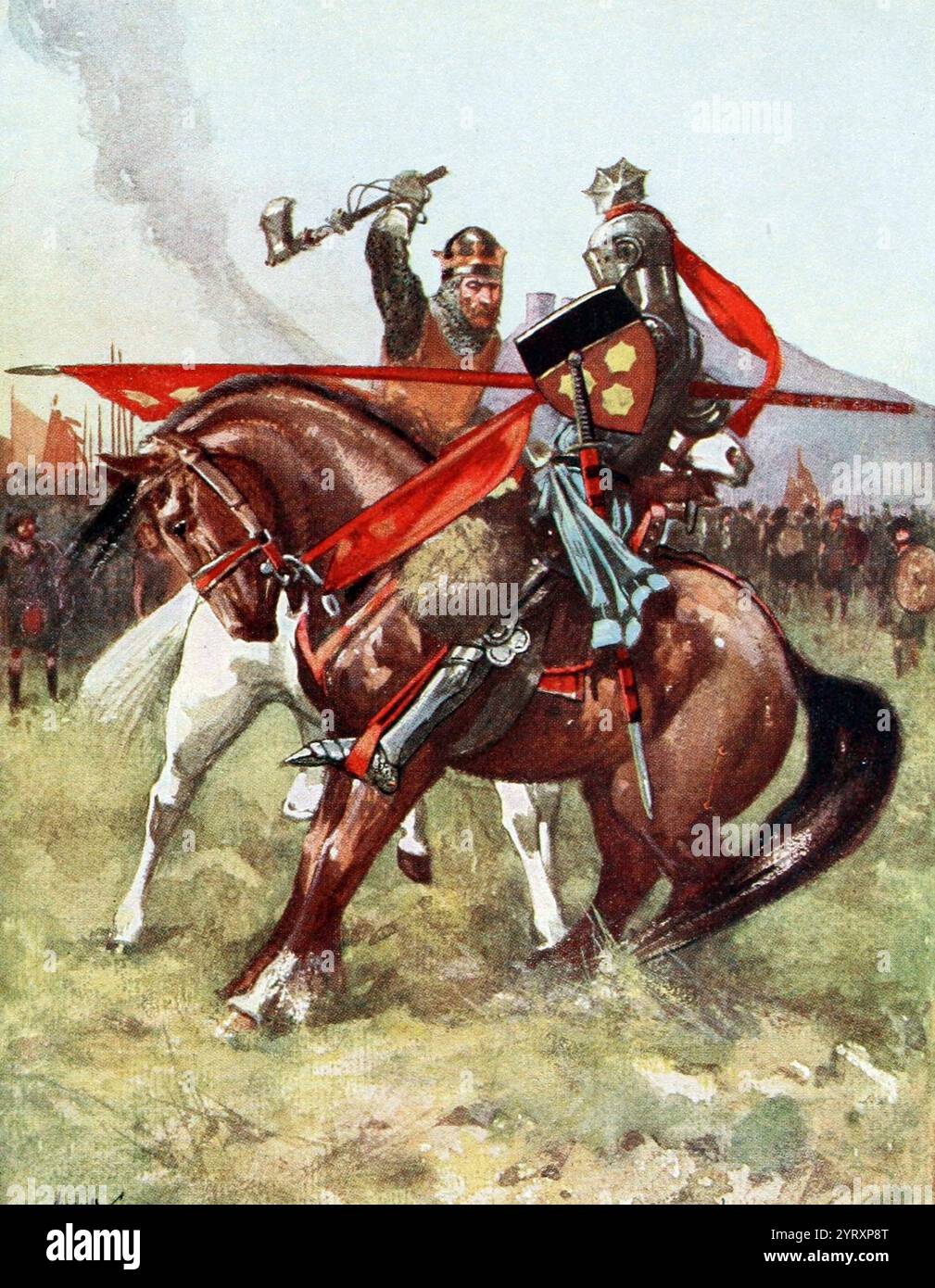 Illustration der Parierung zwischen Robert the Bruce und Sir Henry de Bohun in der Schlacht von Bannockburn. 1314 Stockfoto