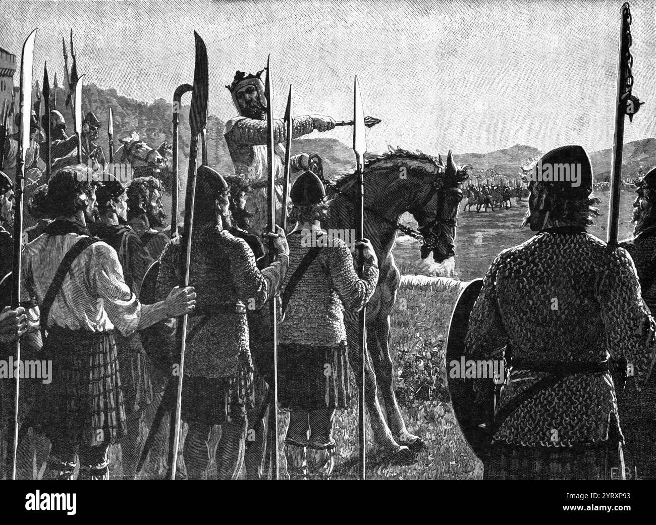 Bruce überprüft seine Truppen vor der Schlacht. Kilts wie dieser existierten nicht in Bruces Zeit, sondern stammen aus der Zeit der 1690er oder 1720er Jahre Die Schlacht von Bannockburn (schottisch-gälisch: BL?r Allt nam B?nag oder BL?r Allt a' Bhonnaich) wurde am 23. Juni 1314 zwischen der Armee von Robert the Bruce, König von Schotten, und der Armee von König Eduard II. Von England während des Ersten schottischen Unabhängigkeitskrieges ausgetragen. Stockfoto