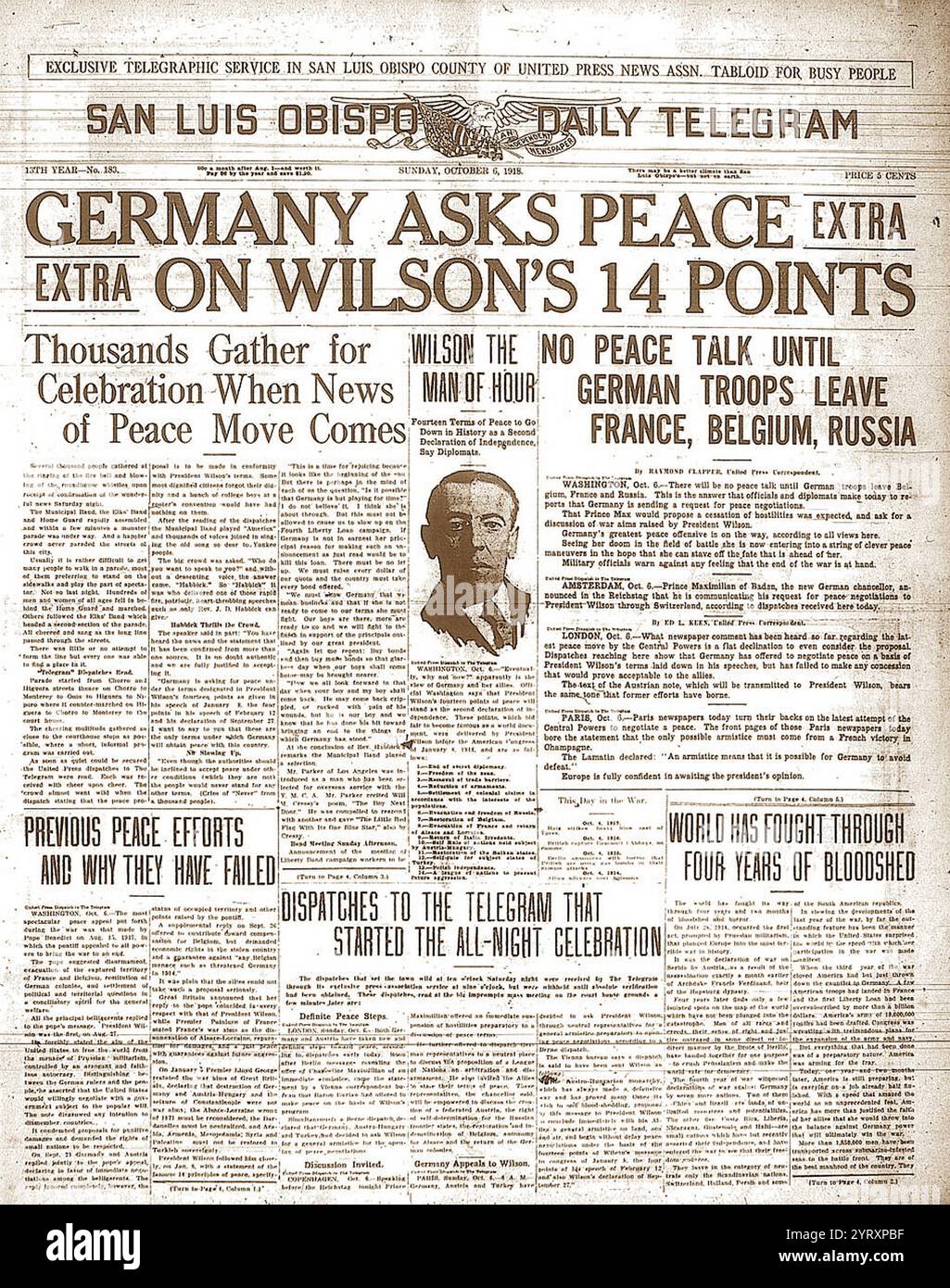 San Luis Obispo Daily Telegram. Titelseite der Zeitung mit der Überschrift: "Germany Asks Peace on Wilson's 14 Points", 6. Oktober 1918. Stockfoto