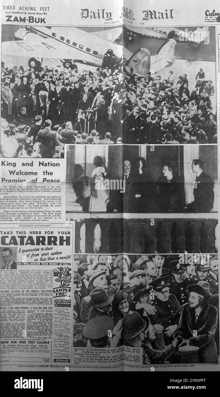 Titelseite der täglichen Post. Der britische Premierminister Neville Chamberlain kehrt aus München zurück und erklärt "Frieden in unserer Zeit". Das Münchner Abkommen wurde am 30. September 1938 von Deutschland, Großbritannien, der Französischen Republik und Italien geschlossen. Das Abkommen sah die deutsche Annexion eines Teils der Tschechoslowakei vor, das Sudetenland, in dem mehr als drei Millionen Menschen lebten, hauptsächlich ethnische Deutsche. Stockfoto