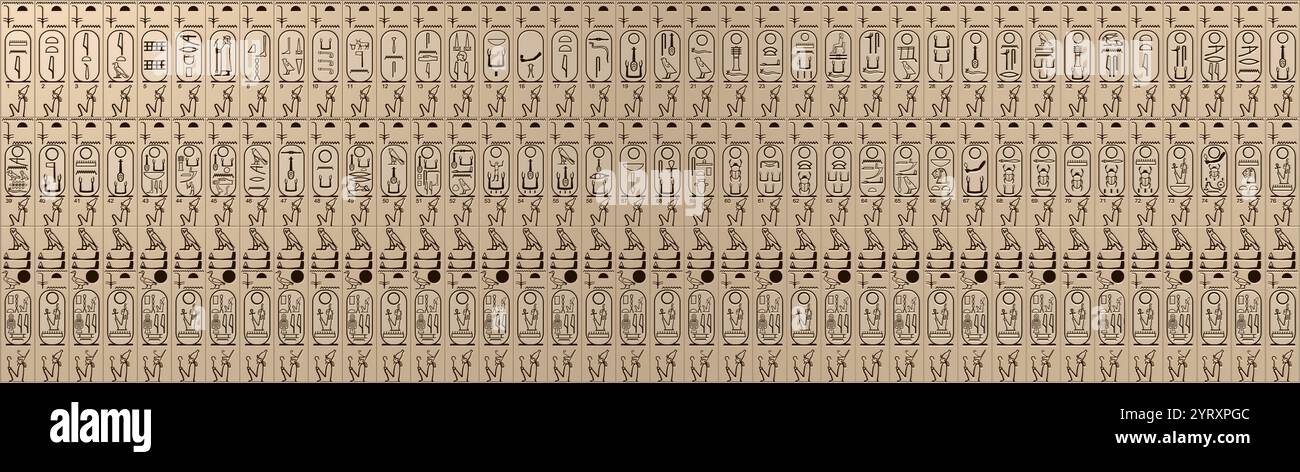 Die Abydos King List enthält die Namen von 76 Königen des alten Ägypten. Sie wurde an einer Wand des Tempels von Seti I. in Abydos, Ägypten, gefunden. Sie besteht aus drei Reihen mit 38 Kartuschen (Umrandungen, die den Namen eines Königs umschließen) in jeder Zeile. Die oberen beiden Reihen enthalten die Namen der Könige, während die dritte Reihe lediglich den Namen und das Nomen von Seti I. wiederholt. Das Relief zeigt Seti I. und seinen Sohn Ramesses II. Auf dem Weg zu einer Opfergabe an Ptah Seker Osiris im Namen ihrer 72 Vorfahren: Der Inhalt der Königsliste. Ramesses ist dargestellt, der Räuchergefäße hält. Stockfoto