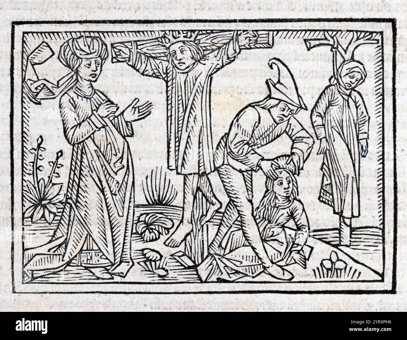 Holzschnitt-Illustration von Olympias, Ehefrau von Philipp II. Von Makedonien, zeigt die Kreuzigung des Leichnams von Pausanias und den Tod von Kleopatra und ihrer Tochter. Holzschnitt-Illustration aus einer unzulänglichen deutschen Übersetzung von Heinrich Steinh?wel von Giovanni Boccaccios de mulieribus claris, gedruckt von Johannes Zainer in Ulm um 1474 Stockfoto