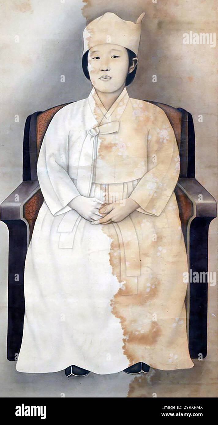 Ein Porträt einer Frau, die vermutlich Kaiserin Myeongseong ist, ist in der Daboseong Gallery in Seoul zu sehen Stockfoto