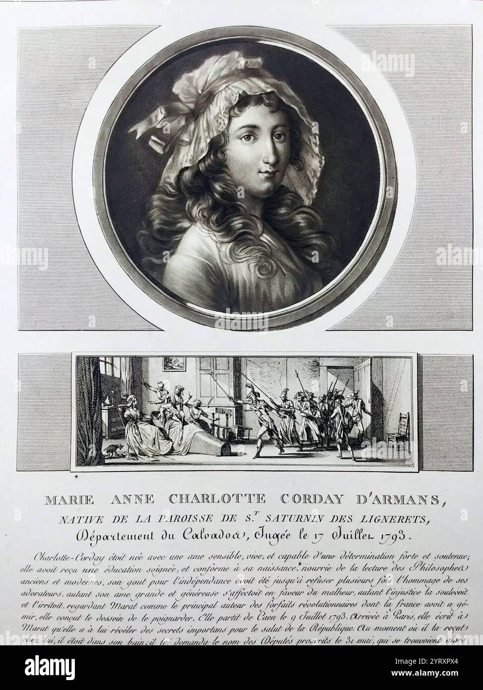 Charlotte de Corday (1768 ? 17. Juli 1793) war eine Figur der Französischen Revolution, die am 13. Juli 1793 den Revolutionär und Jakobiner-Führer Jean Paul Marat ermordet hatte. Stockfoto