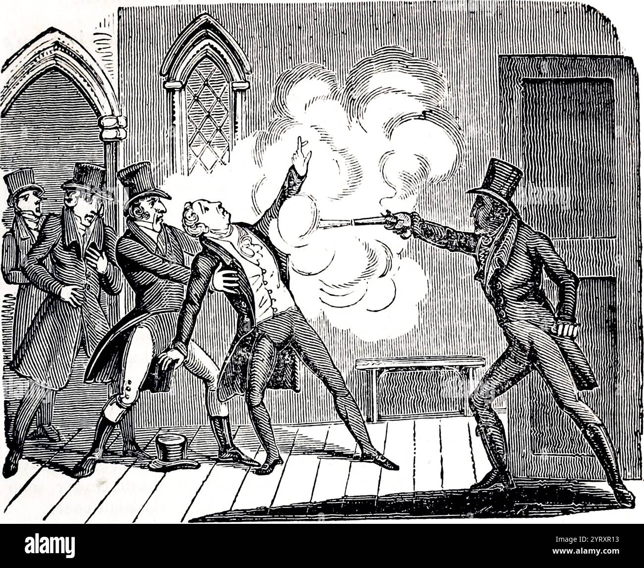 Am 11. Mai 1812, gegen 17:15 Uhr, wurde Spencer Perceval, der Premierminister des Vereinigten Königreichs von Großbritannien und Irland, in der Lobby des House of Commons von John Bellingham erschossen, einem Kaufmann aus Liverpool, der sich mit der Regierung beklagt hatte. Stockfoto