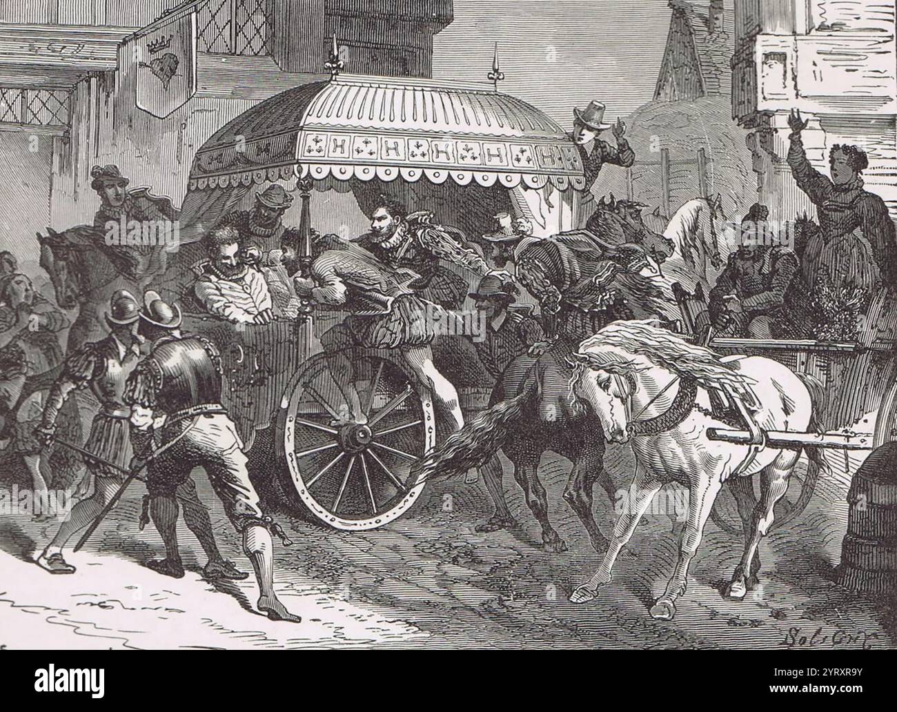 Ermordung Heinrichs IV. (1553–14. Mai 1610), guter König Heinrich oder Heinrich der große, war ab 1572 König von Navarra (als Heinrich III.) und von 1589 bis 1610 König von Frankreich. Er war der erste Monarch Frankreichs aus dem Haus Bourbon, einem Kadettenzweig der kapitalistischen Dynastie. Er hat die Interessen der katholischen und protestantischen Parteien in Frankreich sowie zwischen den europäischen staaten pragmatisch abgewogen. 1610 wurde er in Paris von einem katholischen Eiferer ermordet, dessen Nachfolger sein Sohn Ludwig XIII. War Stockfoto