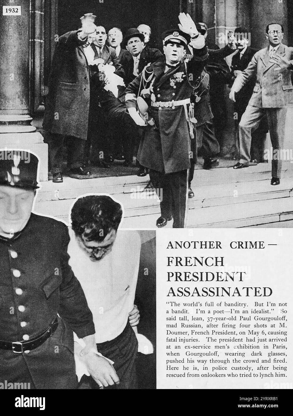 Zeitungsbericht über den Tod von Joseph Athanase Doumer, allgemein bekannt als Paul Doumer (1857 ? 7. Mai 1932), französischer Politiker, der vom Juni 1931 bis zu seiner Ermordung im Mai 1932 Präsident von Frankreich war. Stockfoto