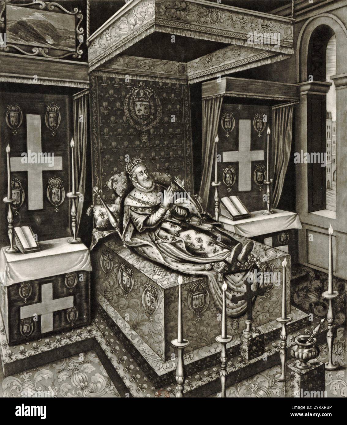 Heinrich IV. Lag nach seinem Mord im Bundesstaat, anno 1610. Gravur von R. Dunkarton aus einem seltenen Druck von J. Briot, nach Quesnel. Heinrich IV. (Französisch: Henri IV.; 1553 ? 14. Mai 1610), guter König Heinrich oder Heinrich der große, war ab 1572 König von Navarra (als Heinrich III.) und von 1589 bis 1610 König von Frankreich. Er war der erste Monarch Frankreichs aus dem Haus Bourbon, einem Kadettenzweig der kapitalistischen Dynastie. Er hat die Interessen der katholischen und protestantischen Parteien in Frankreich sowie zwischen den europäischen staaten pragmatisch abgewogen. 1610 wurde er in Paris von einem katholischen Eiferer ermordet und wurde Su Stockfoto