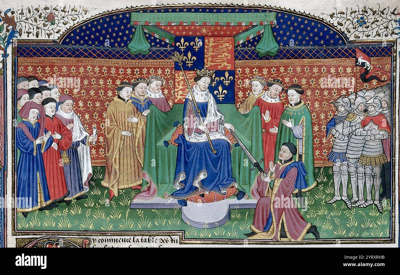 Heinrich VI. Thronte; Detail einer Miniatur aus BL Royal MS 15 E VI, f. 405r (das „Talbot Shrewsbury Book“). Sie wird von der British Library aufbewahrt und digitalisiert. Die Hauptfigur ganz links, die einen Stab mit einer Handtasche (mit dem Großen Siegel) an der Taille hält, scheint der Lordkanzler zu sein, wobei diese Gegenstände die Symbole seines Amtes sind. Möglicherweise John Stafford (gestorben am 25. Mai 1452) Lord Chancellor (1432 1450) und Erzbischof von Canterbury (1443 1452). Stockfoto