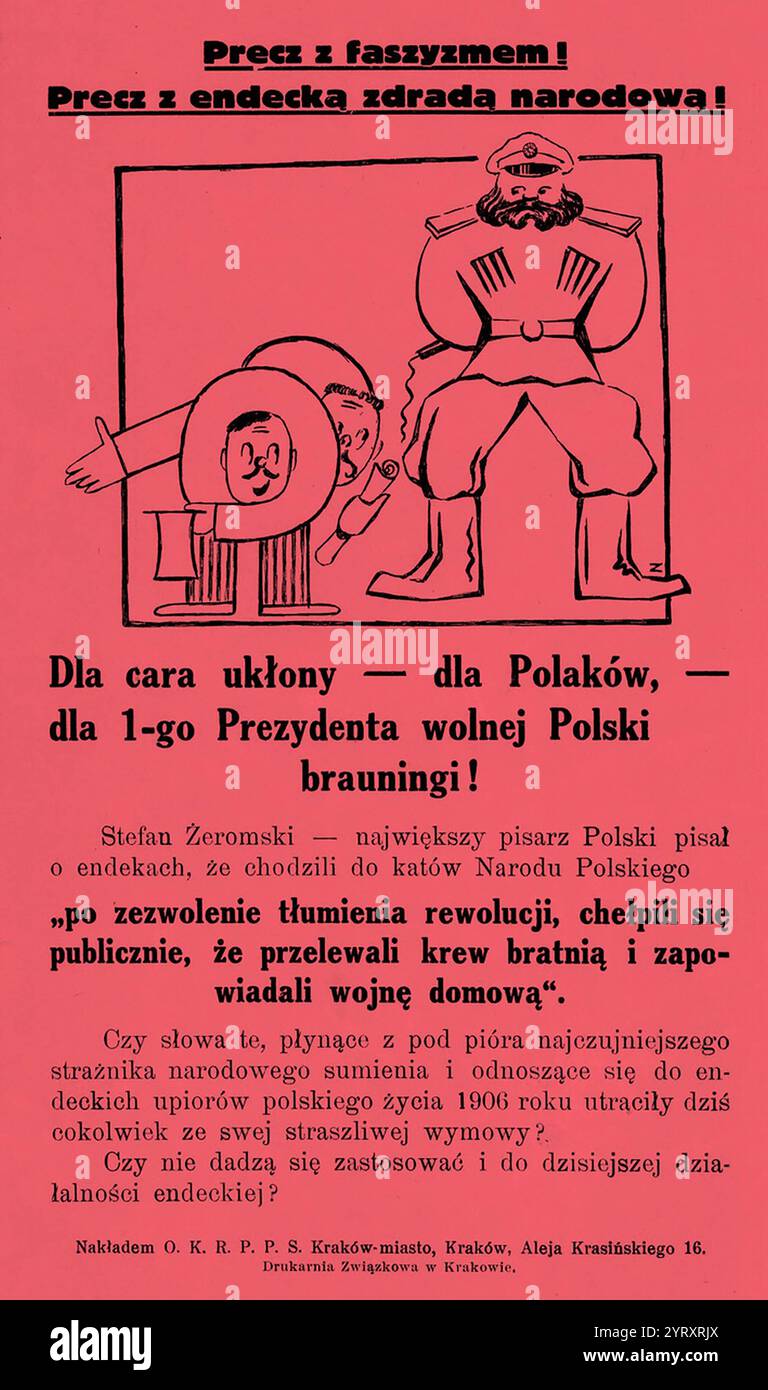 Ein Faltblatt der Polnischen Sozialistischen Partei, das den Tod von Präsident Gabriel Narutowicz mit der Zusammenarbeit der Nationaldemokratie mit den Kämpfen der Revolution von 1905 verbindet Stockfoto