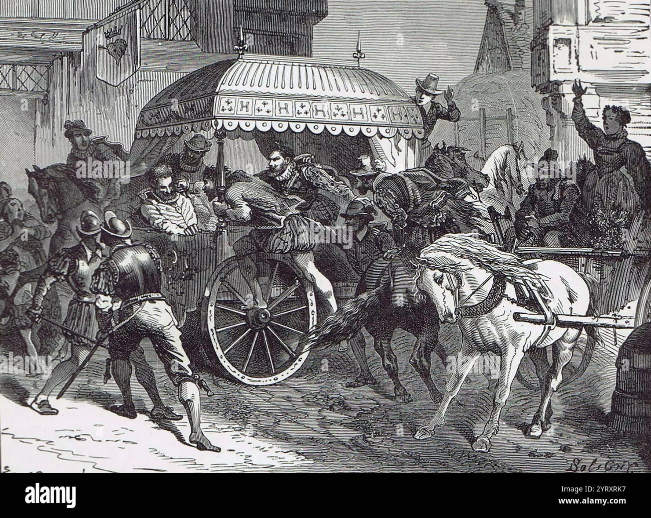 Fran?ois Ravaillac ermordete Heinrich IV. Von Frankreich am 14. Mai 1610 in Paris. Ravaillac, ein katholischer Eifer, der ihn erstochen hat, während sein Trainer auf der Rue de la Ferronnerie angehalten wurde. Die Kutsche wurde durch Verkehrsstaus im Zusammenhang mit der Krönungszeremonie der Königin gestoppt Stockfoto