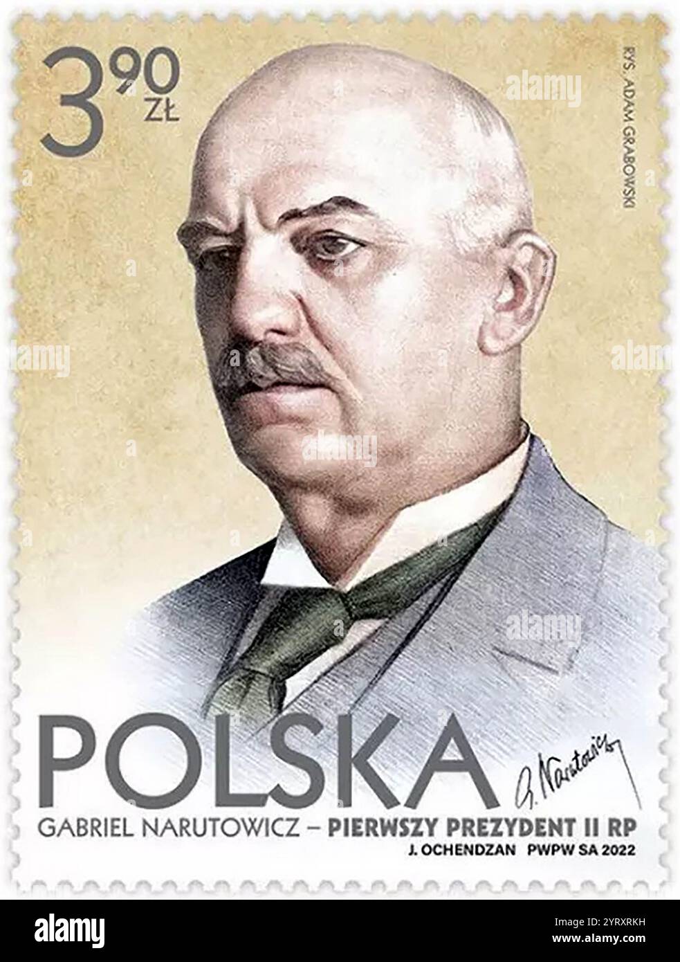 1922, Gedenkstempel Gabriel Jozef Narutowicz (1865 ? 16. Dezember 1922), polnischer Politiker, der vom 11. Dezember 1922 bis zu seiner Ermordung am 16. Dezember, fünf Tage nach Amtsantritt, als erster Präsident Polens diente. Zuvor war er von 1920 bis 1922 Minister für öffentliche Arbeiten und 1923 kurzzeitig Außenminister Stockfoto