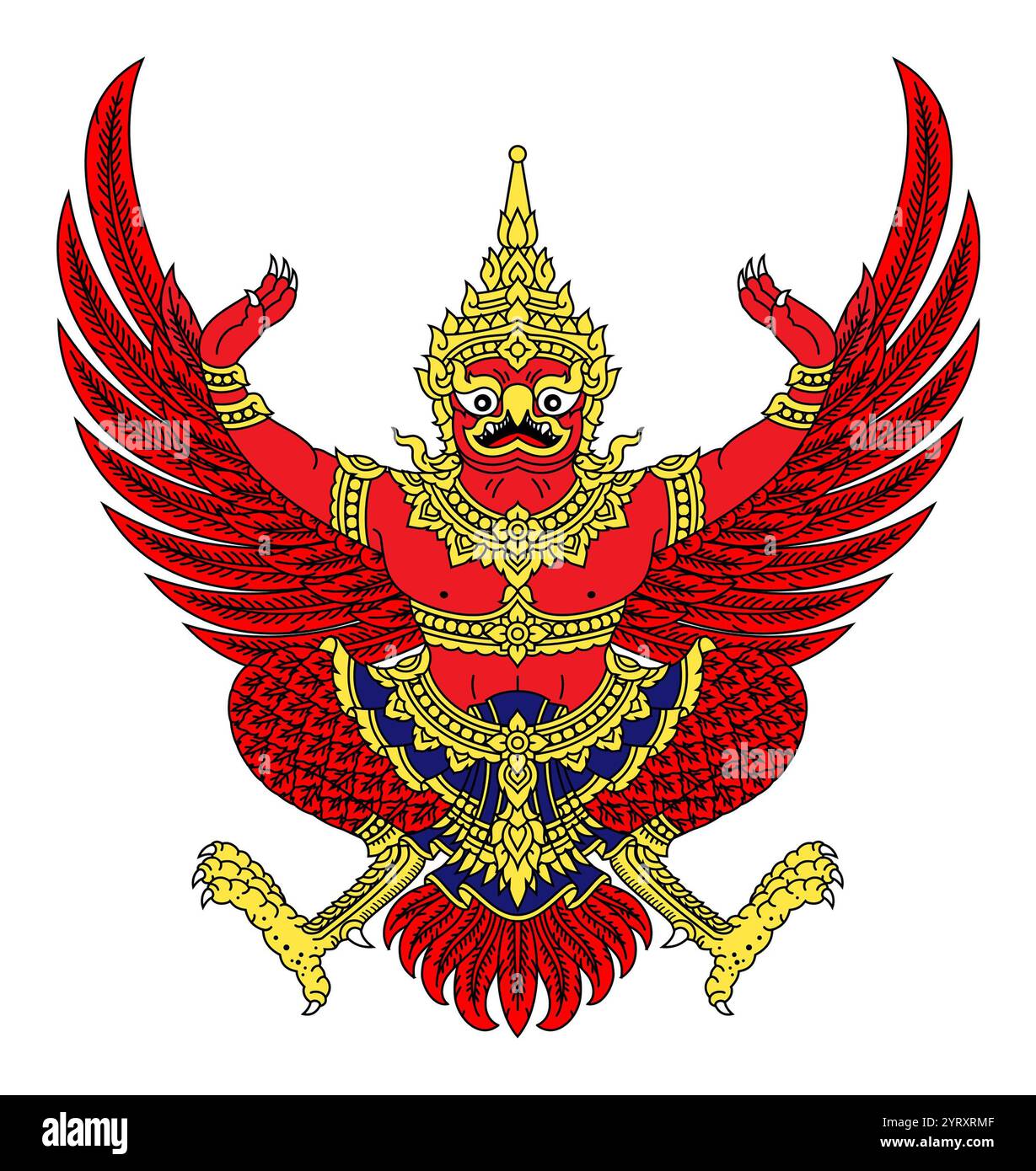 Nationales Emblem von Thailand, das einen tanzenden Garuda mit ausgestreckten Flügeln darstellt. Die Garuda symbolisiert die Regierung und das Volk Thailands, während Lord Vishnu den König von Thailand symbolisiert. Stockfoto