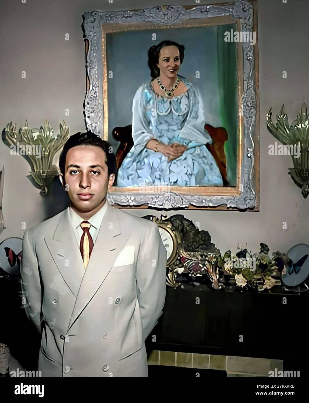 König Feisal von Irak wurde 1947 auf einer Jordan-Irak-Dinar-Banknote dargestellt. Faisal II (1935 ? 14. Juli 1958) war der letzte König des Irak. Er regierte vom 4. April 1939 bis zum Juli 1958, als er während der Revolution vom 14. Juli getötet wurde. Dieser Regizid markierte das Ende der siebenunddreißig Jahre alten Haschemitischen Monarchie im Irak, die dann zur republik wurde. Stockfoto