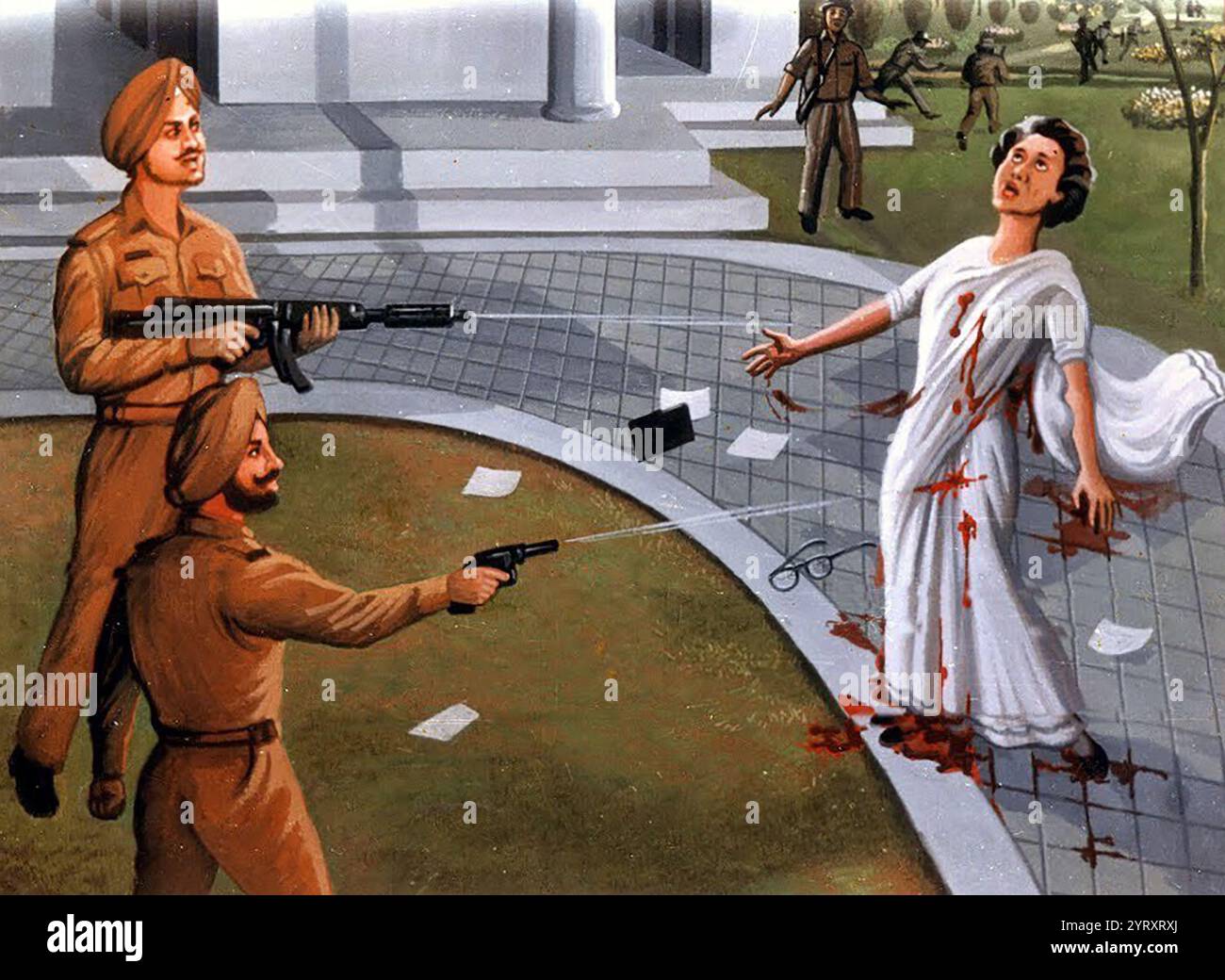 Abbildung zeigt die indische Premierministerin Indira Gandhi, wie sie am 31. Oktober 1984 um 9:30 Uhr in ihrem Wohnhaus in der Safdarjung Road, Neu-Delhi, ermordet wurde. Sie wurde von ihren Sikh Bodyguards, Satwant Singh und Beant Singh, getötet Stockfoto