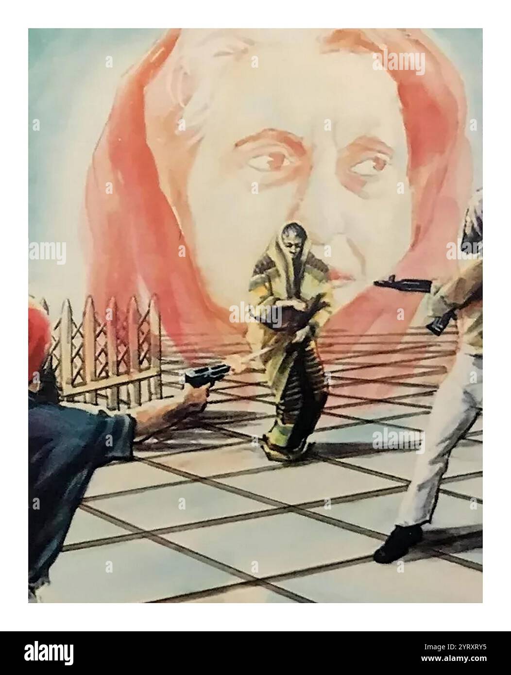 Abbildung zeigt die indische Premierministerin Indira Gandhi, wie sie am 31. Oktober 1984 um 9:30 Uhr in ihrem Wohnhaus in der Safdarjung Road, Neu-Delhi, ermordet wurde. Sie wurde von ihren Sikh Bodyguards, Satwant Singh und Beant Singh, getötet Stockfoto
