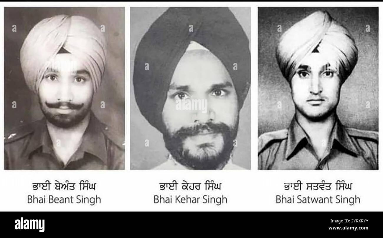 Montage der Attentäter auf die indische Premierministerin Indira Gandhi, die am 31. Oktober 1984 um 9:30 Uhr in ihrer Residenz in der Safdarjung Road, Neu-Delhi, ermordet wurde. Sie wurde von ihren Sikh Bodyguards, Satwant Singh und Beant Singh, getötet Stockfoto