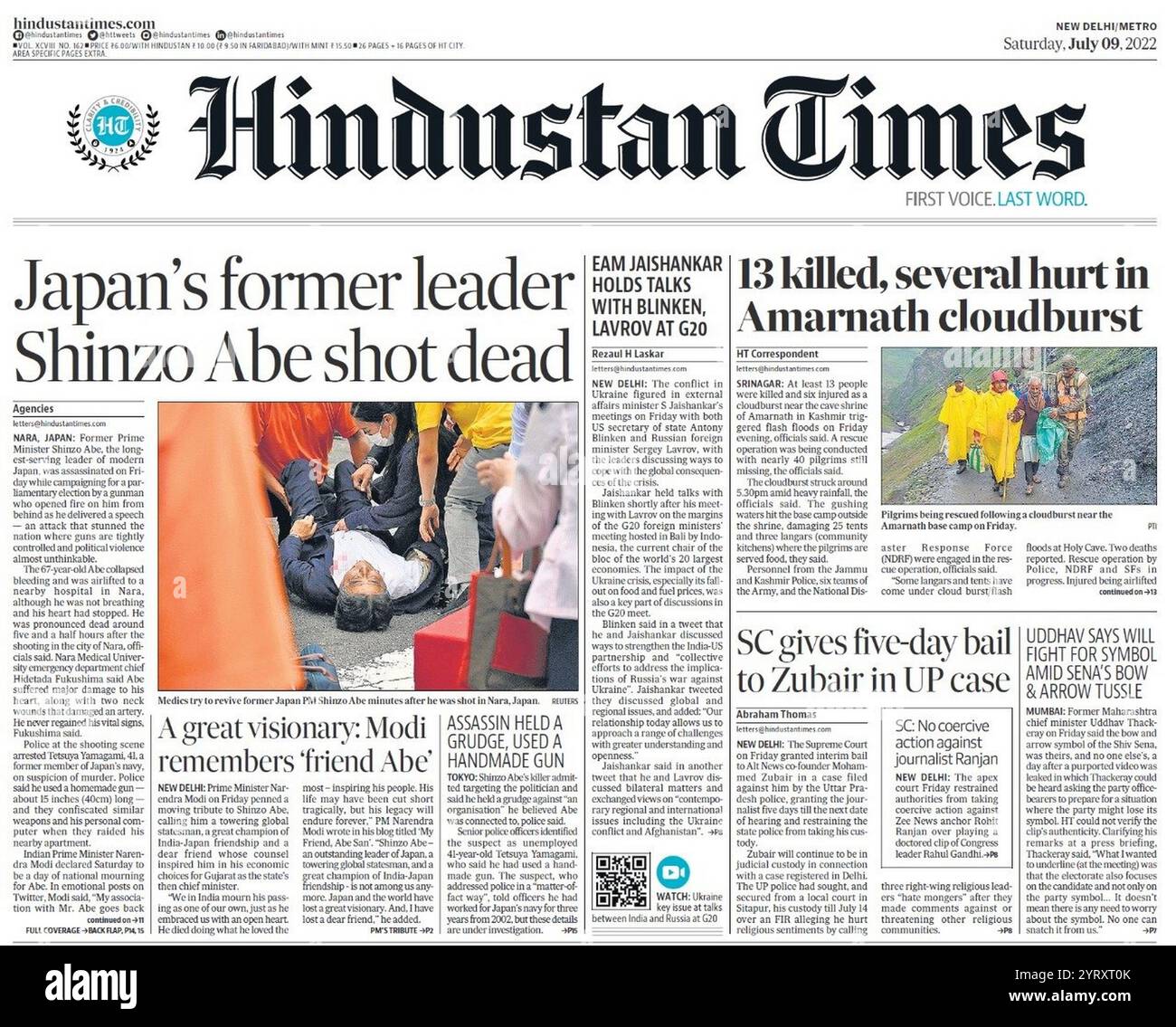 Hindustan Times berichtete über die Ermordung von Shinzo Abe, dem am längsten amtierenden Premierminister Japans und Mitglied des japanischen Repräsentantenhauses am 8. Juli 2022. Abe wurde bei einer politischen Veranstaltung vor dem Bahnhof Yamato Saidaiji in der Stadt Nara, Präfektur Nara, ermordet. Abe hielt eine Wahlkampfrede für einen Kandidaten der Liberalen Demokratischen Partei (LDP), als er von der 41-jährigen Tetsuya Yamagami mit einer improvisierten Schusswaffe tödlich erschossen wurde. Abe wurde mit einem medizinischen Hubschrauber zum Nara Medical University Hospital in Kashihara transportiert, wo er für tot erklärt wurde. Stockfoto