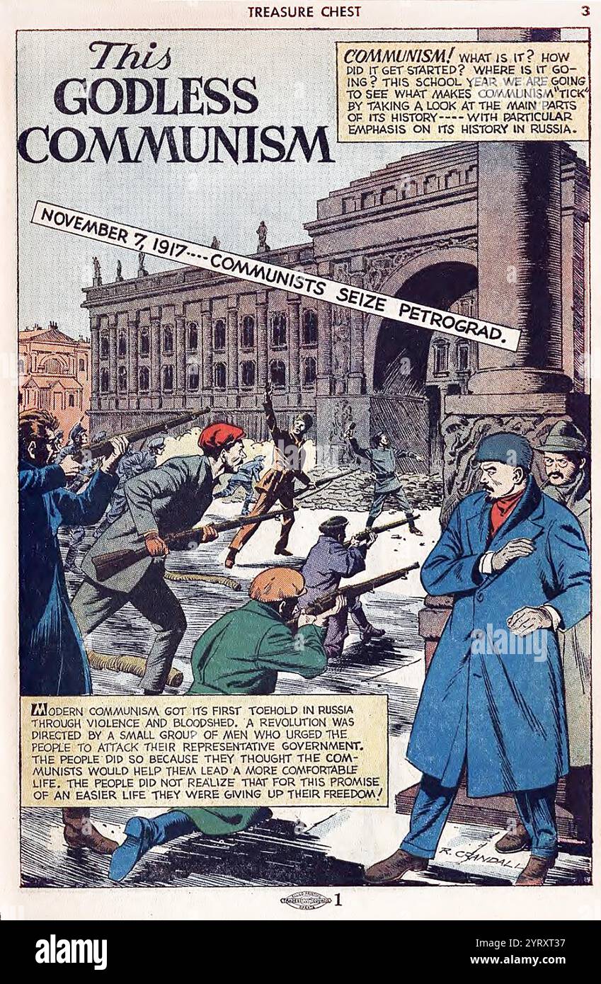Cartoon-Darstellung der Russischen Revolution im Jahr 1917, als Demonstranten den Winterpalast stürmen und Lenin die Macht nimmt. „This Godless Communism“ war ein US-amerikanischer Propaganda-Comicfilm, der in Treasure Chest erschien, einem zweiwöchentlichen Comicbuch, das nur abonnierte und von 1946 bis 1972 in Pfarrschulen verbrachte. Stockfoto