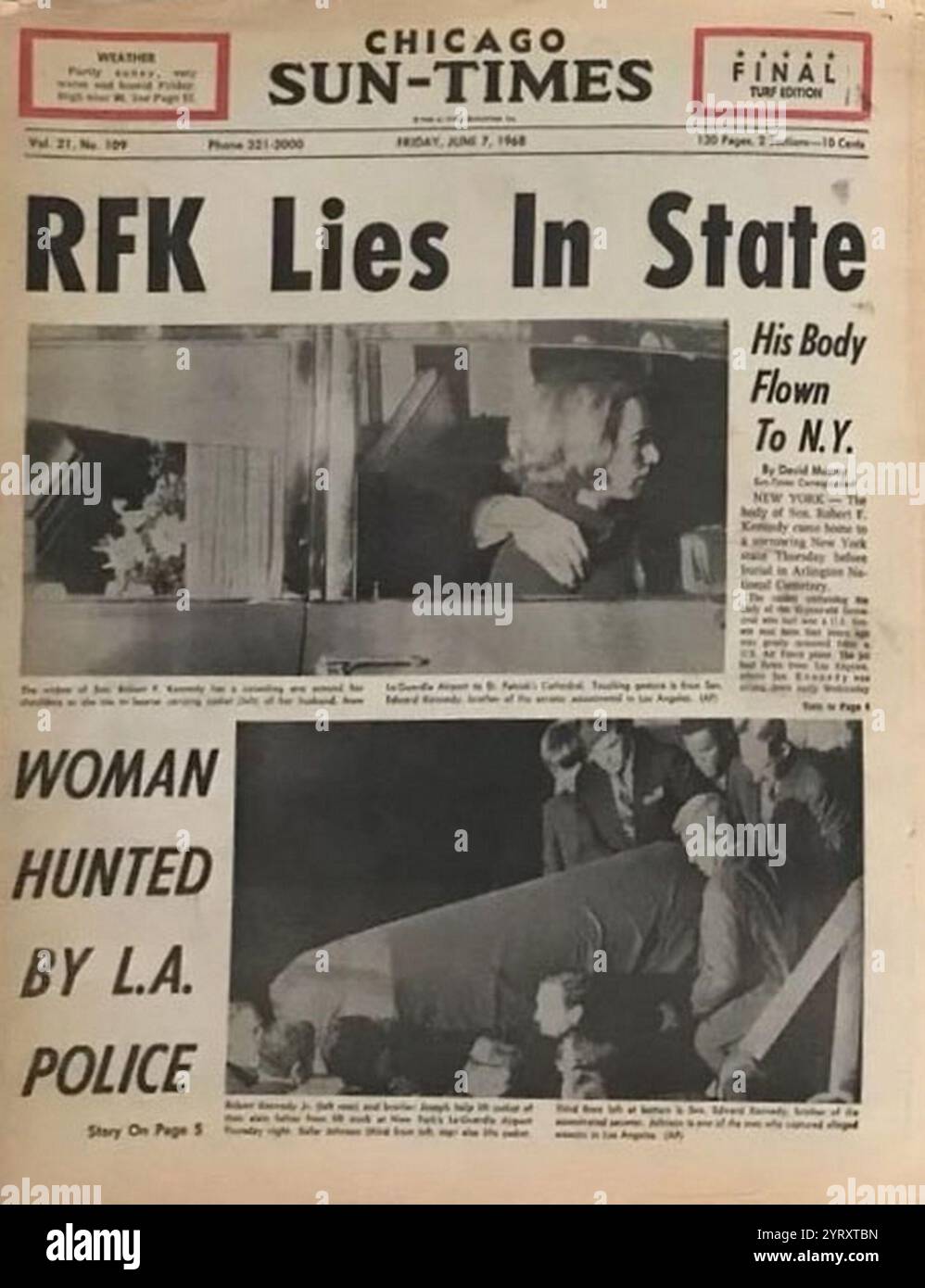 Die Titelseite der US-Zeitung berichtet über die Ermordung des Präsidentschaftskandidaten der Demokratischen Partei Robert Kennedy. 1968 Stockfoto