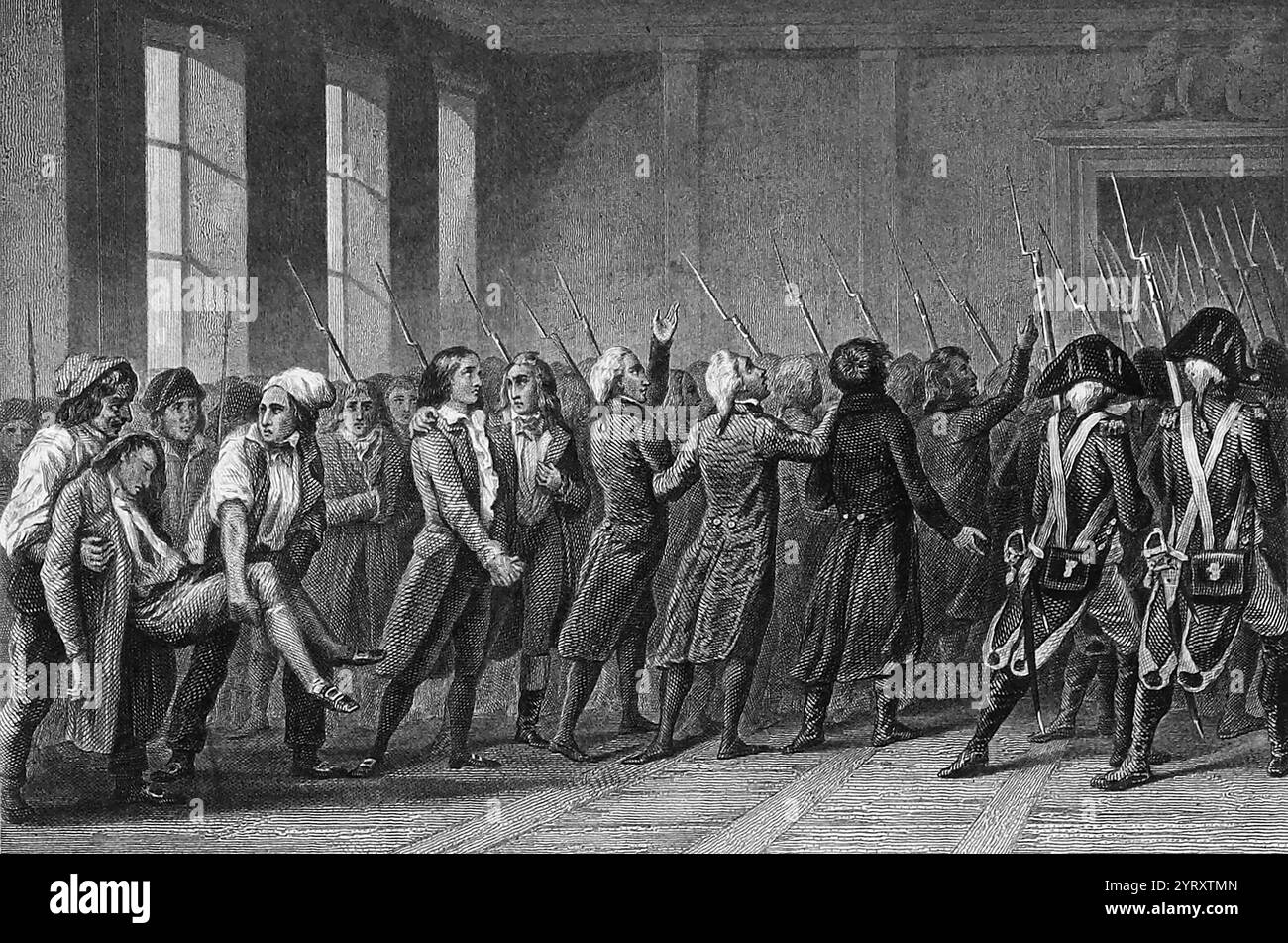 Verhaftung der Girondins im Übereinkommen am 2. Juni 1793. Der Aufstand führte zum Sturz von 29 Girondinen und zwei Ministern unter dem Druck der Sans Culottes, der Jakobiner und der Montagnards. Aufgrund seiner Bedeutung und Bedeutung ist der Aufstand einer der drei großen Volksaufstände der Französischen Revolution. Stockfoto