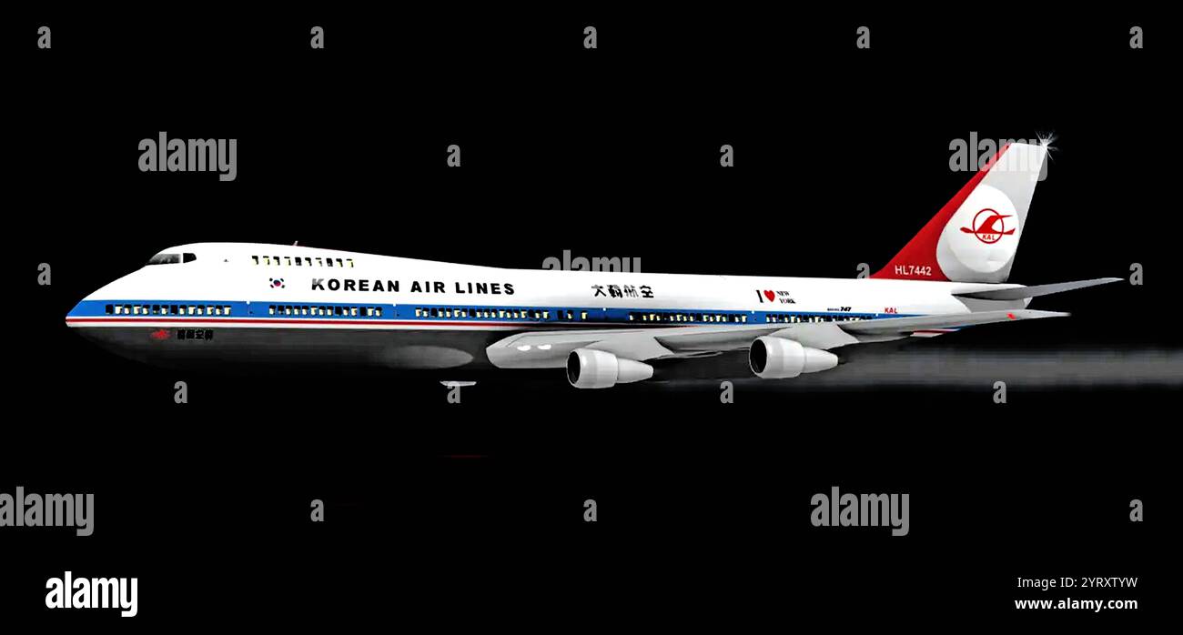 Korean Air Lines Flug 007 war ein Linienflug von New York City nach Seoul über Anchorage in Alaska. Am 1. September 1983 wurde der Flug von einem sowjetischen Sukhoi Su-15-Abfangflugzeug abgeschossen. Aufgrund eines Navigationsfehlers der Besatzung driftete das Flugzeug von seiner ursprünglich geplanten Route ab und flog durch den sowjetischen verbotenen Luftraum. Stockfoto