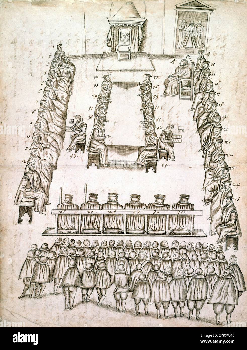 Zeichnung des Prozesses gegen Maria, Königin von Schotten, in der Großen Kammer von Fotheringay Castle, co. Northants., 14-15. Oktober 1586 Stockfoto