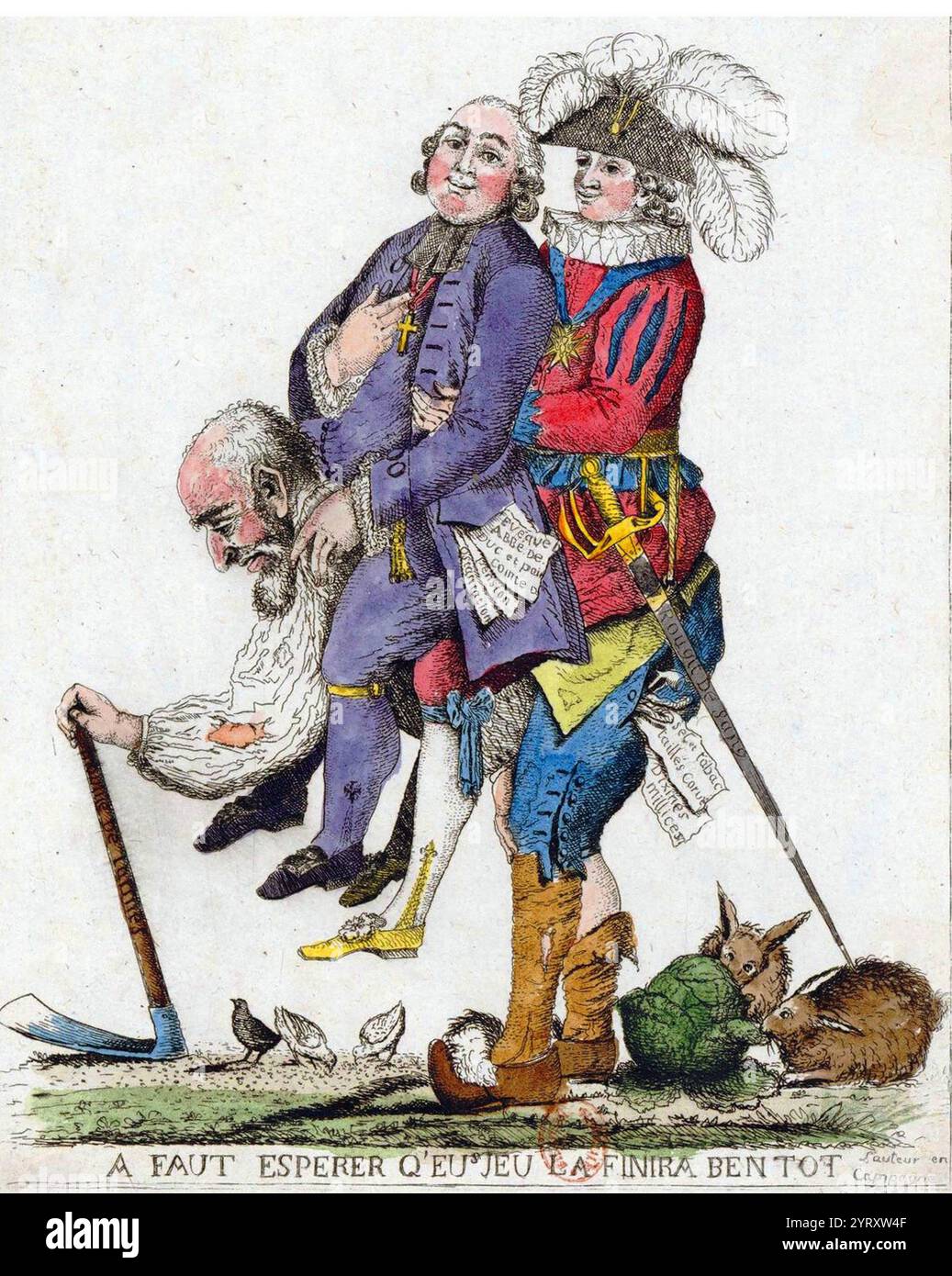 Satire über die drei Ländereien von 1789; das dritte Anwesen mit dem faulen Adel und Geistlichen. Die Legende lautet: (Hoffentlich ist dieses Spiel bald vorbei), 1789. Stockfoto