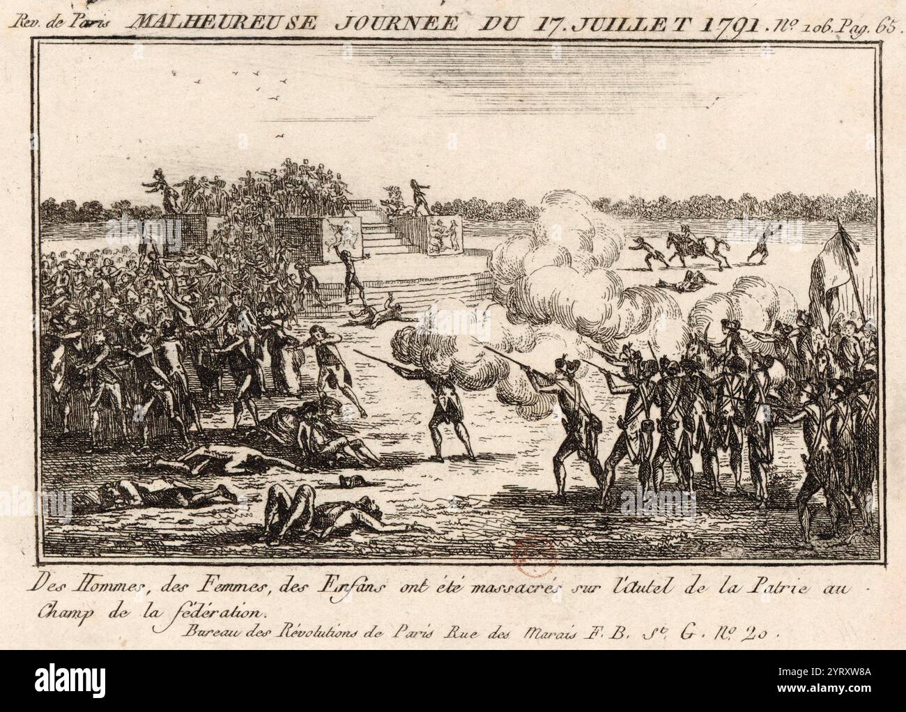 Fusillade du Champ de Mars, 1791, von Pierre-Gabriel Berthault (1737–1831) nach der Zeichnung von Jean-Louis Prieur (1759–1795). Das Massaker am Champ de Mars fand am 17. Juli 1791 in Paris gegen eine Menge republikanischer Demonstranten während der Französischen Revolution statt. Zwei Tage zuvor erließ die konstituierende Nationalversammlung ein Dekret, dass König Ludwig XVI. Seinen Thron unter einer konstitutionellen Monarchie behalten sollte. Diese Entscheidung kam, nachdem Louis und seine Familie erfolglos versucht hatten, Frankreich auf dem Flug nach Varennes im Monat zuvor zu fliehen. Stockfoto