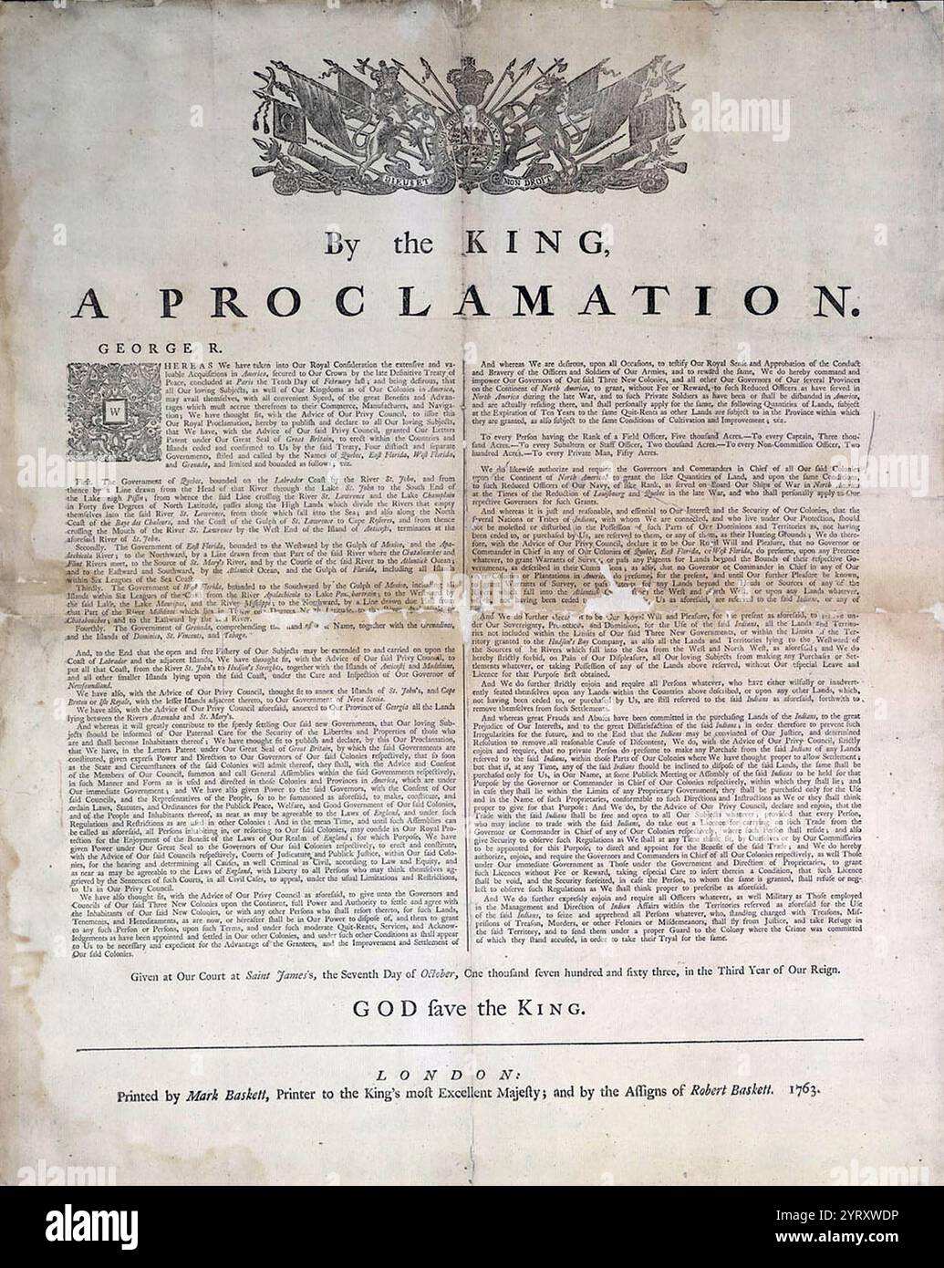 Die königliche Proklamation von 1763 Verbot Siedlungen westlich einer Linie entlang der Appalachen, die als Indianerreservat abgegrenzt wurde. Die Ausgrenzung aus der riesigen Region Transsapalachen führte zu Unzufriedenheit zwischen Großbritannien und kolonialen Landspekulanten und potenziellen Siedlern. Es wurde zu einem der ersten bedeutenden Streitgebiete zwischen Großbritannien und den Kolonien und war ein Faktor, der zur amerikanischen Revolution führte. Stockfoto
