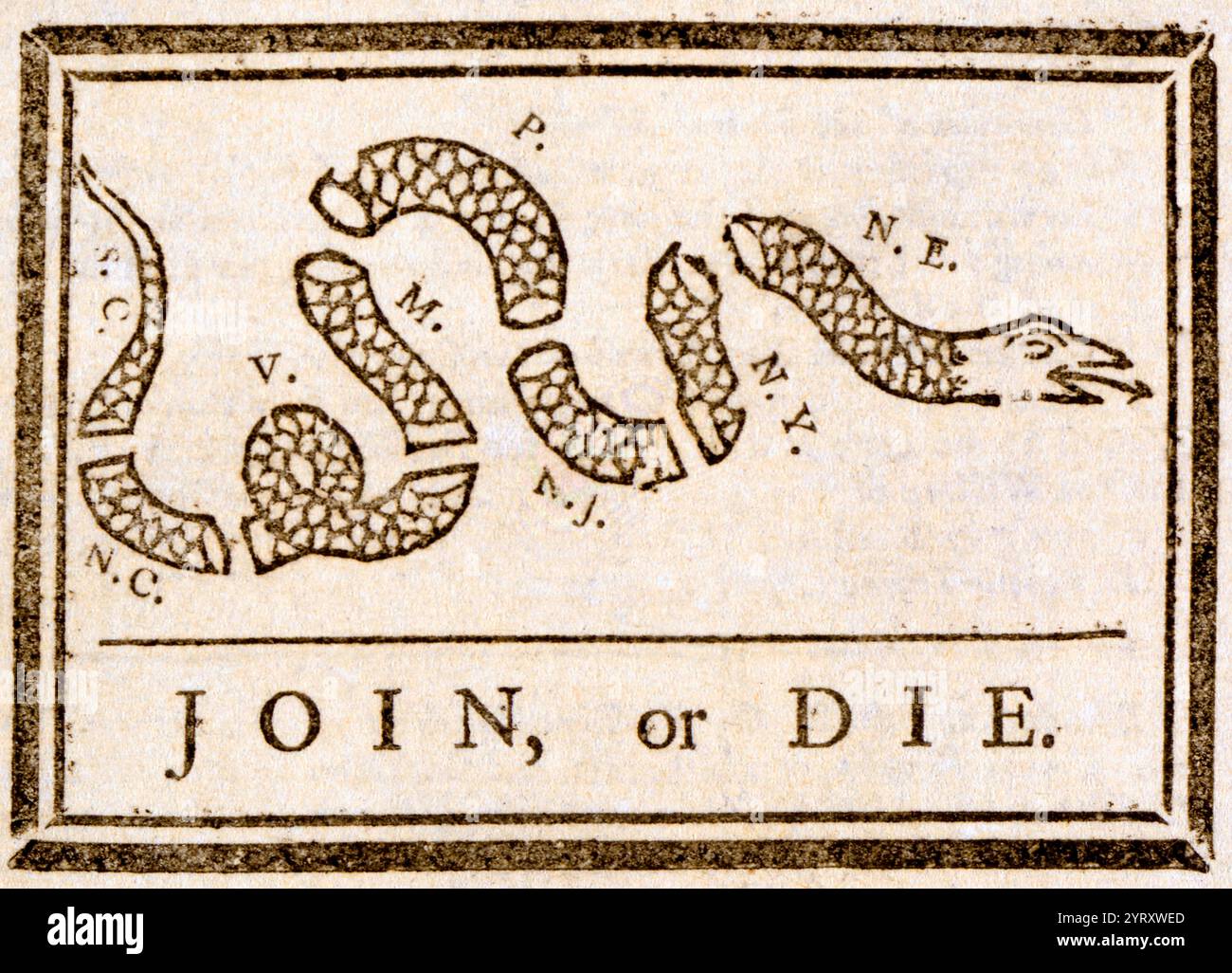 Der politische Zeichentrick (James Turner für Benjamin Franklin zugeschrieben) erschien während des Französisch- und Indianerkrieges, wurde aber recycelt, um die amerikanischen Kolonien zu ermutigen, sich dem Albany Plan for Union anzuschließen. Aus der Pennsylvania gazette, 9. Mai 1754. Stockfoto