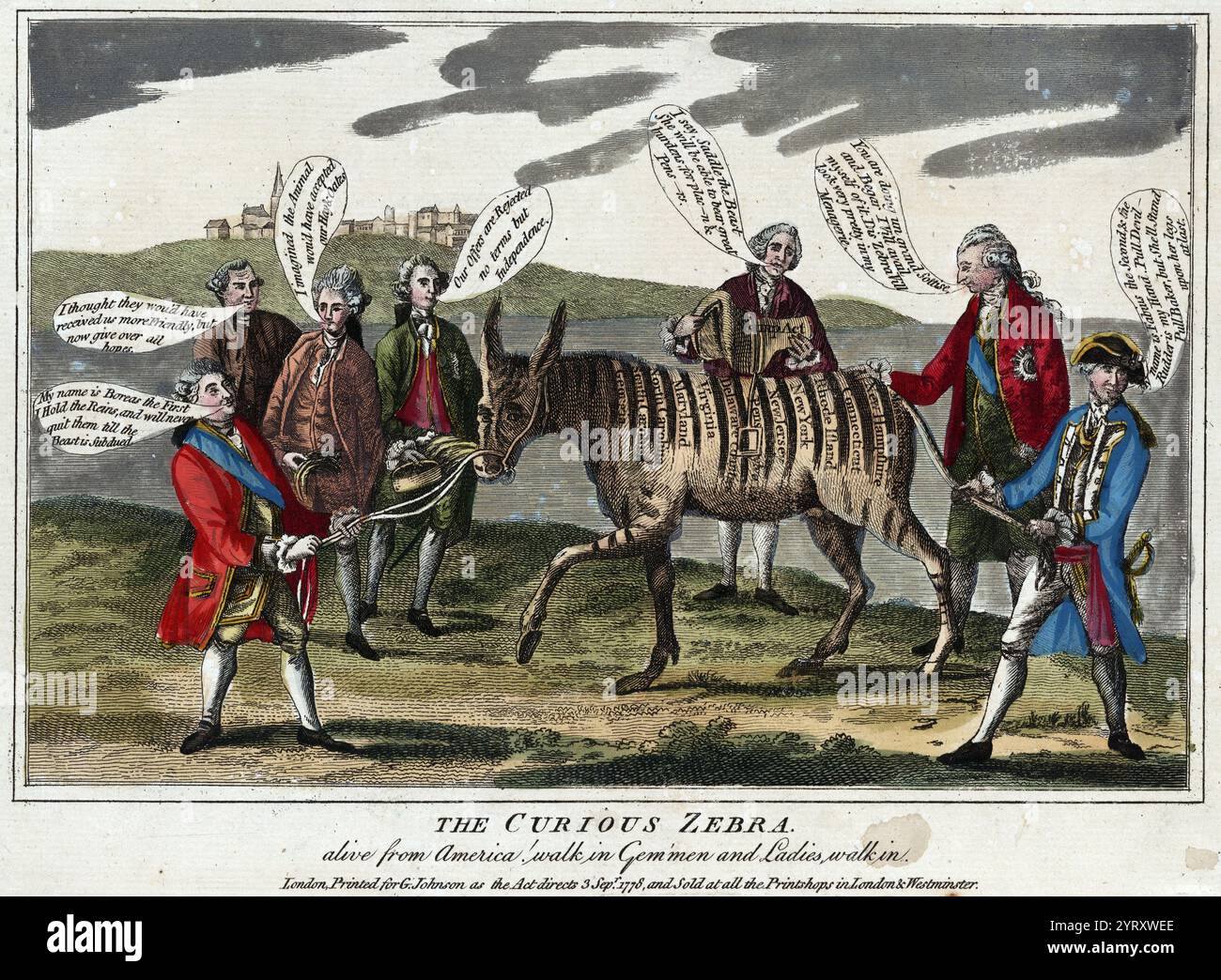 Das neugierige Zebra. Cartoon zeigt eine Gruppe von Männern, darunter George Washington, die rechts stehen und Lord North, der links steht und versucht, das Zebra zu führen, auf dessen Streifen die Namen der 13 Kolonien sind. 1778 Stockfoto