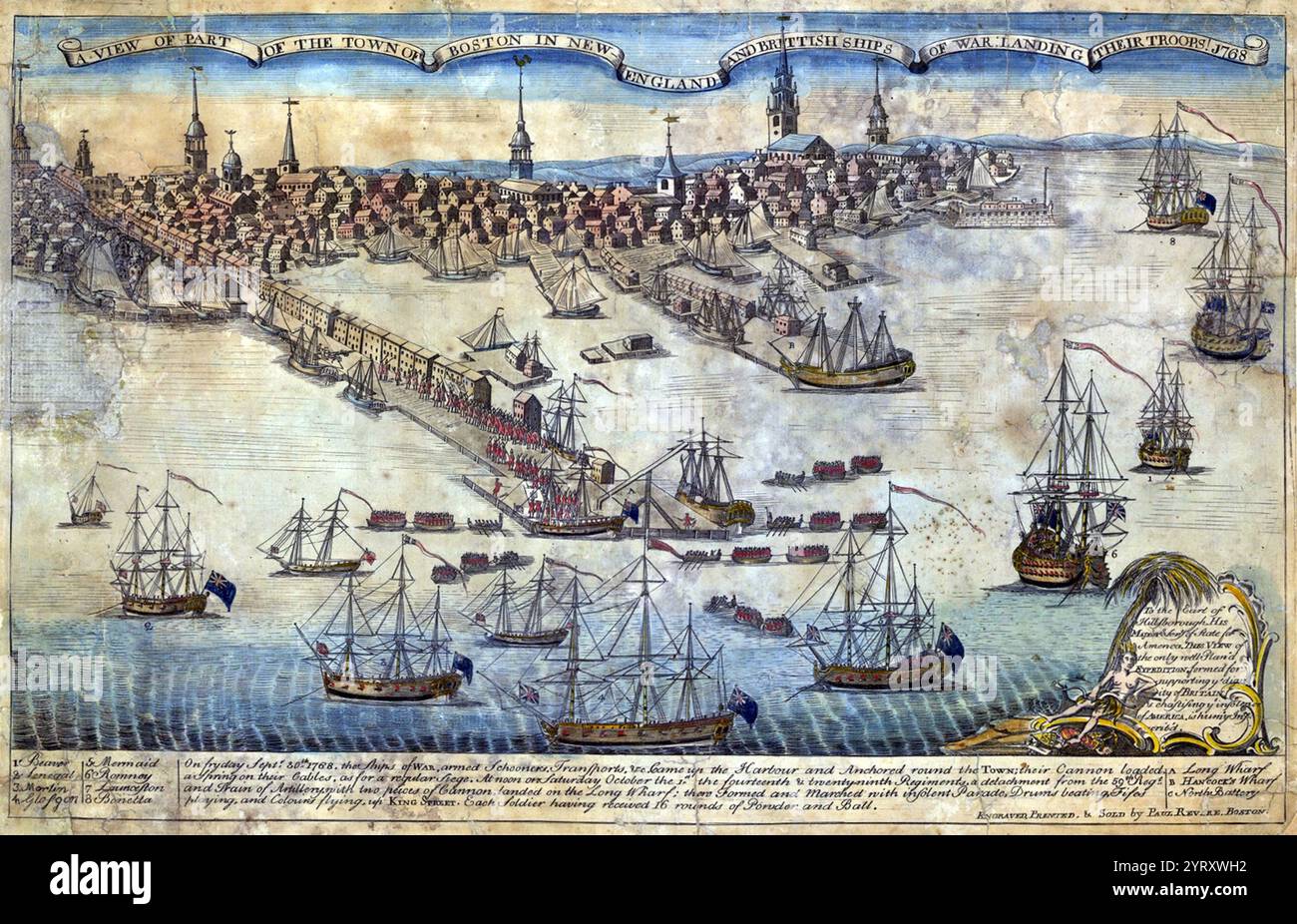 A View of the Town of Boston in New England and British Ships of war Landing their Trupps, 1768 Stockfoto
