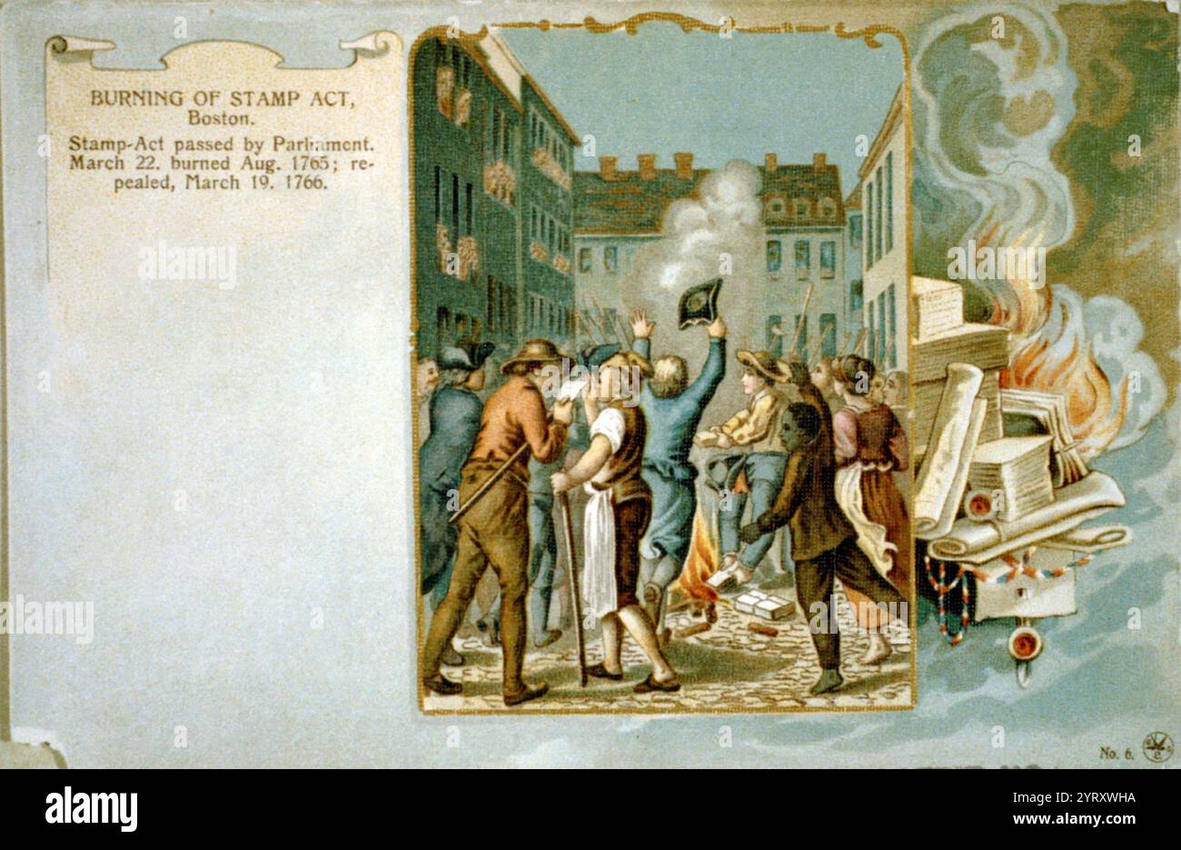 Der Stamp Act 1765 war ein Gesetz des britischen Parlaments, das eine direkte Steuer auf die britischen Kolonien in Amerika auferlegte und vorsah, dass viele gedruckte Materialien in den Kolonien auf gestempeltem Papier aus London hergestellt werden sollten, das einen geprägten Steuerstempel enthielt. Gedruckte Materialien umfassten juristische Dokumente, Zeitschriften, Spielkarten, Zeitungen und viele andere Papiersorten, die in den Kolonien verwendet wurden, und es musste in britischer Währung bezahlt werden, nicht in kolonialem Papiergeld. Das Stempelgesetz sah eine direkte Steuer von einem Cent pro Blatt auf Zeitungen vor und forderte, dass die Zeitungen gedruckt werden sollten Stockfoto