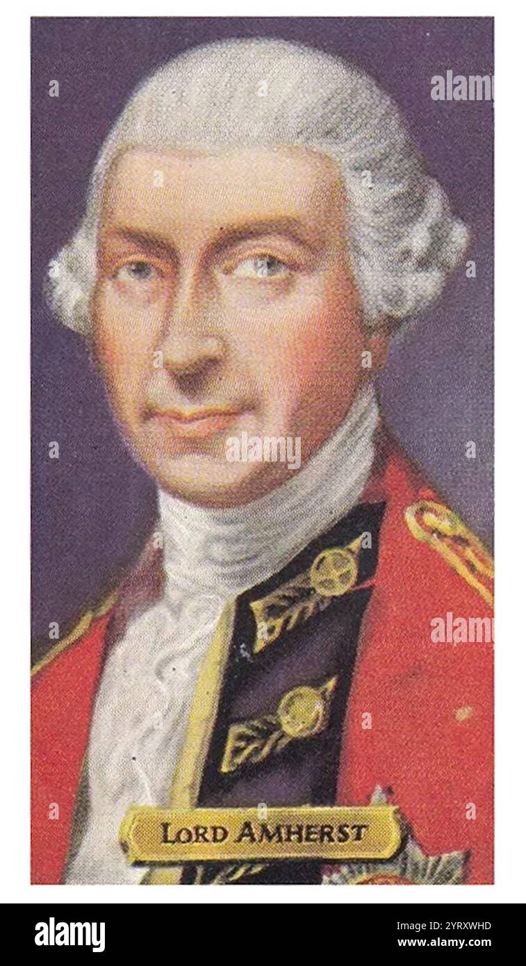 Feldmarschall Jeffery Amherst ist ein Offizier der britischen Armee und Oberbefehlshaber der Streitkräfte in der britischen Armee. Amherst gilt als Architekt der erfolgreichen Kampagne Großbritanniens zur Eroberung des Territoriums Neufrankreichs während des Siebenjährigen Krieges. Amhersts Vermächtnis ist umstritten, da er während des Pontiac-Krieges Pocken unter den unzufriedenen Indianerstämmen verbreiten wollte Stockfoto Feldmarschall Jeffery Amherst ist ein Offizier der britischen Armee und Oberbefehlshaber der Streitkräfte in der britischen Armee. Amherst gilt als Architekt der erfolgreichen Kampagne Großbritanniens zur Eroberung des Territoriums Neufrankreichs während des Siebenjährigen Krieges. Amhersts Vermächtnis ist umstritten, da er während des Pontiac-Krieges Pocken unter den unzufriedenen Indianerstämmen verbreiten wollte Stockfoto