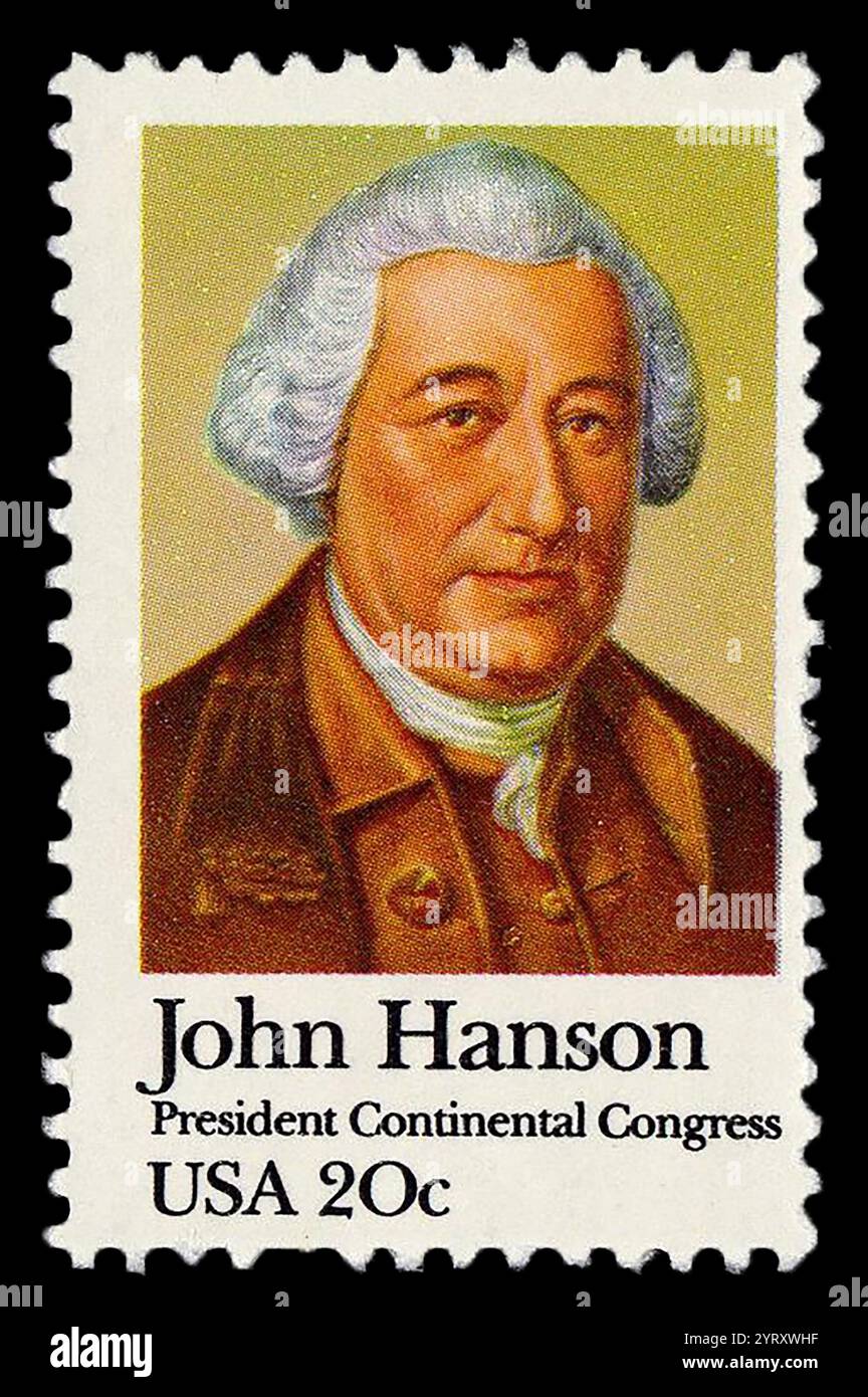 John Hanson (1721 ? 1783) amerikanischer Gründungsvater, Kaufmann und Politiker aus Maryland während der Revolutionära. 1779 wurde Hanson als Delegierter in den Kontinentalkongress gewählt, nachdem er in verschiedenen Rollen für die Patriot-Sache in Maryland tätig war. 1781 unterzeichnete er die Konföderationsurkunde, nachdem Maryland sich den anderen staaten angeschlossen hatte, um sie zu ratifizieren. Im November 1781 wurde er zum ersten Präsidenten des Konföderationskongresses gewählt. Aus diesem Grund argumentierten einige von Hansons Biographen, dass er tatsächlich der erste Inhaber des Amtes des Präsidenten der Vereinigten Staaten war Stockfoto