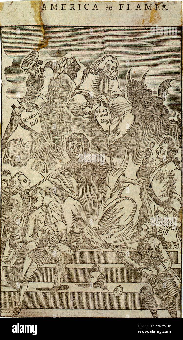 Der Druck zeigt eine Frau, die „Amerika“ repräsentiert, die in Flammen sitzt, die von oben von zwei Männern in Wolken aufgefächert werden, die britische Maßnahmen, „Quebec Bill“ und „Massachusetts Bay“, gegen die Kolonien ausübten; vier britische Männer, die die britische Opposition repräsentieren, versuchen schwache Flammen zu löschen. Eine Teekanne wird auf Stufen vor "Amerika" umgekippt und verschüttet ihren Inhalt. 1775 Stockfoto