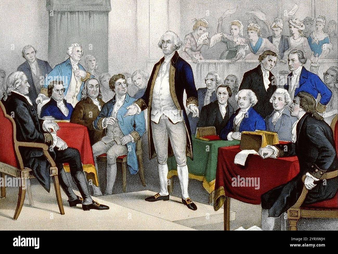 Am 14. Juni 1775 stimmte der zweite Kontinentalkongress für die Bildung der Kontinentalarmee aus den Milizeinheiten um Boston und am nächsten Tag stimmte er einstimmig einem Antrag zu, George Washington von Virginia als kommandierenden General zu benennen Stockfoto